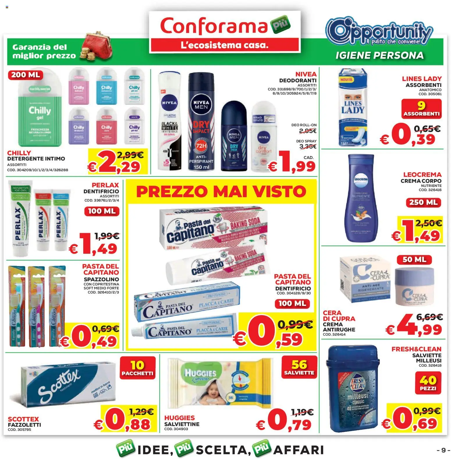 Volantino Conforama del 05.03.2026 | Pagina: 9 | Prodotti: Spazzolino, Detergente intimo, Detergente, Fazzoletti
