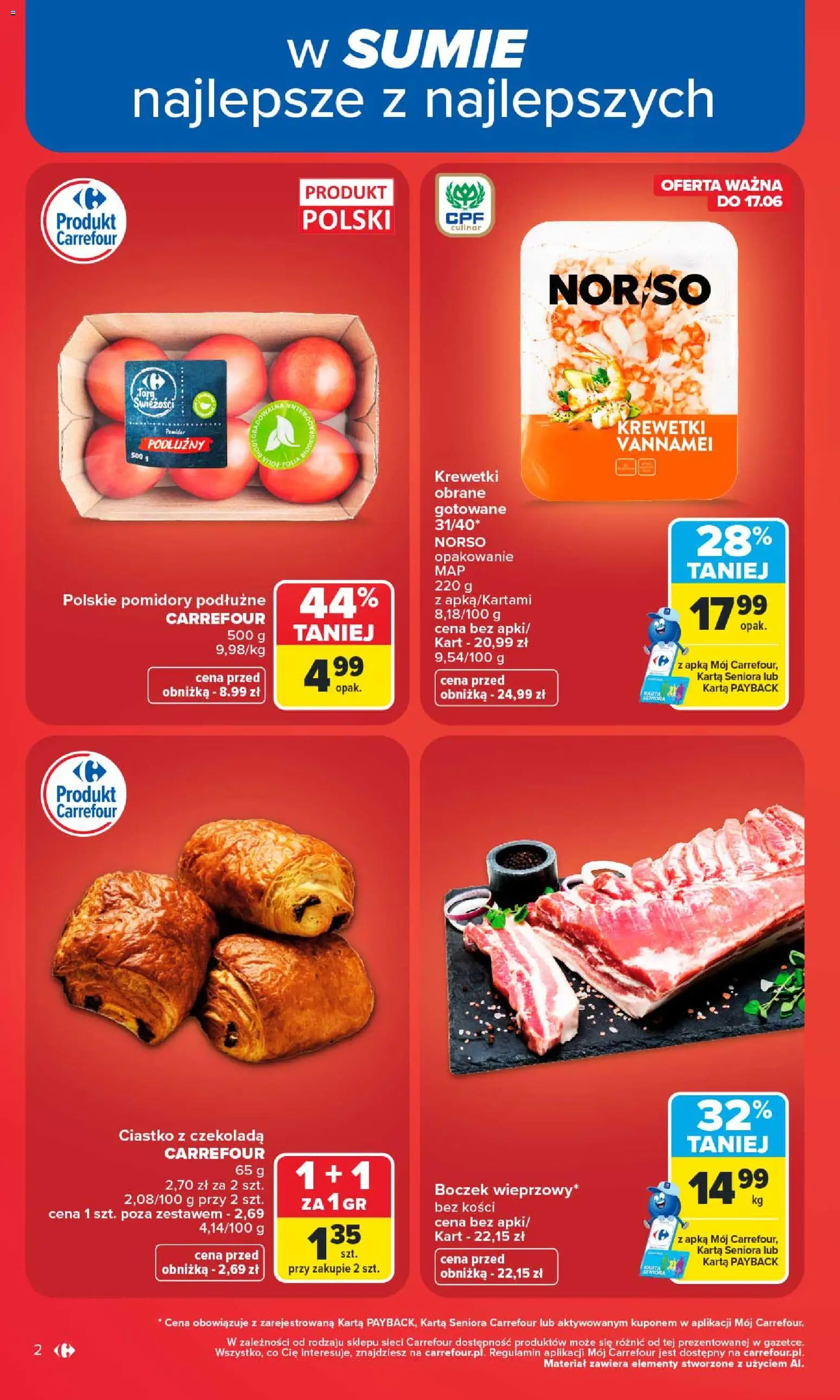 Carrefour gazetka od 08.06.2026 | Strona: 4 | Produkty: Krewetki, Boczek, Czekolada, Pomidory