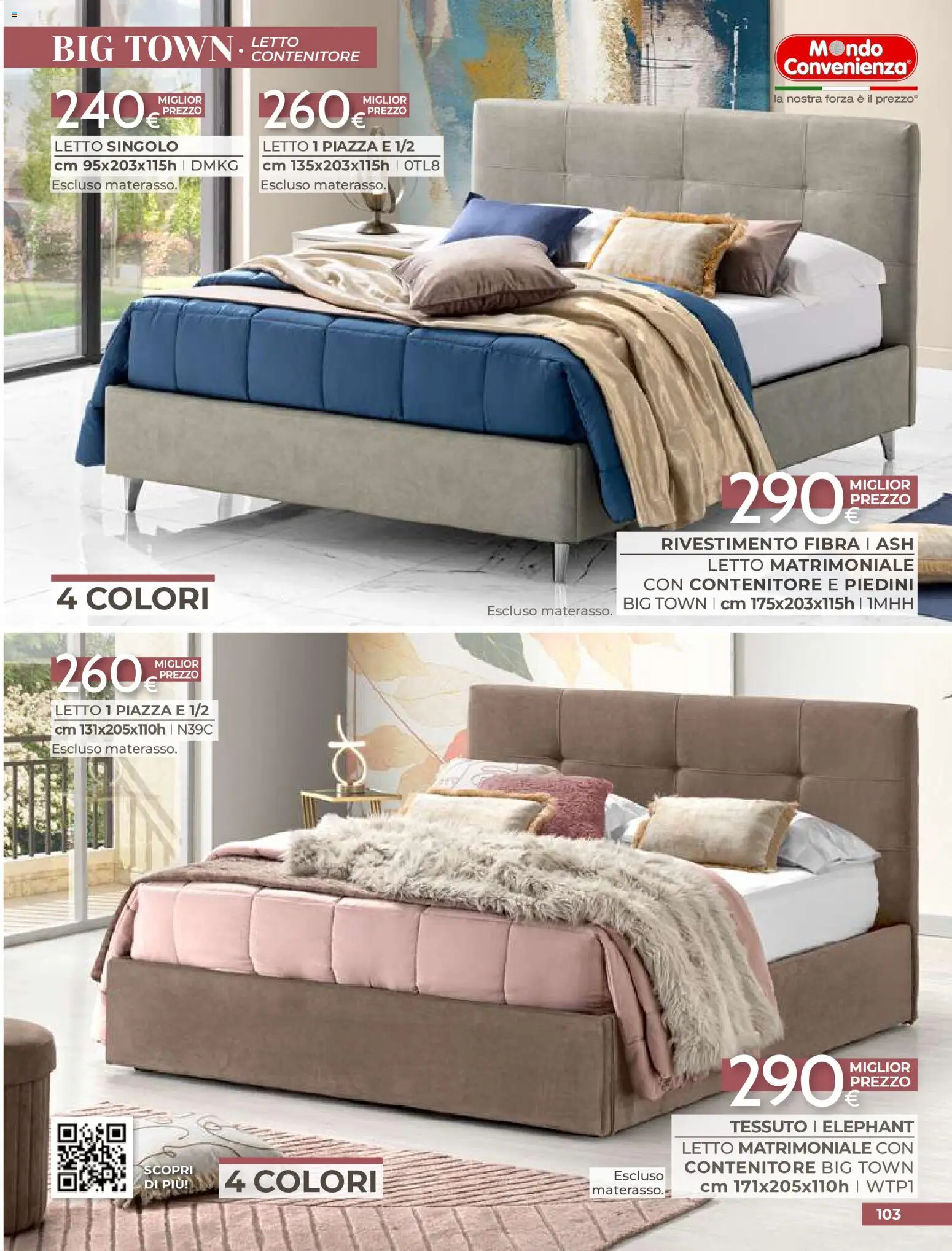 Volantino Mondo Convenienza del 01/09/2026 | Pagina: 105 | Prodotti: Letto matrimoniale, Contenitore, Letto, Materasso