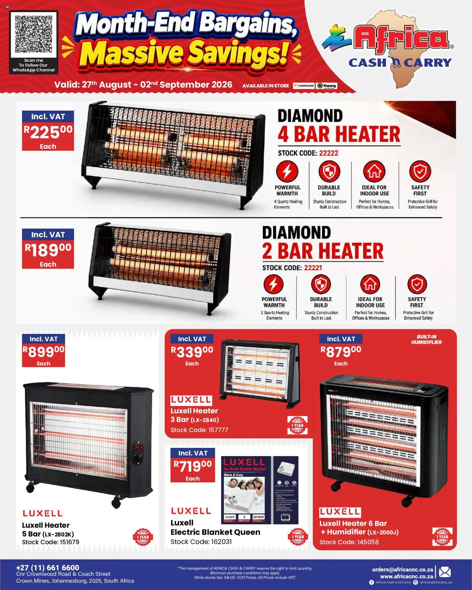 New Africa Cash & Carry catalogue – valid from 27/08/2026 | Page: 38 | Products: Grill, Blanket, Heater, Bar heater