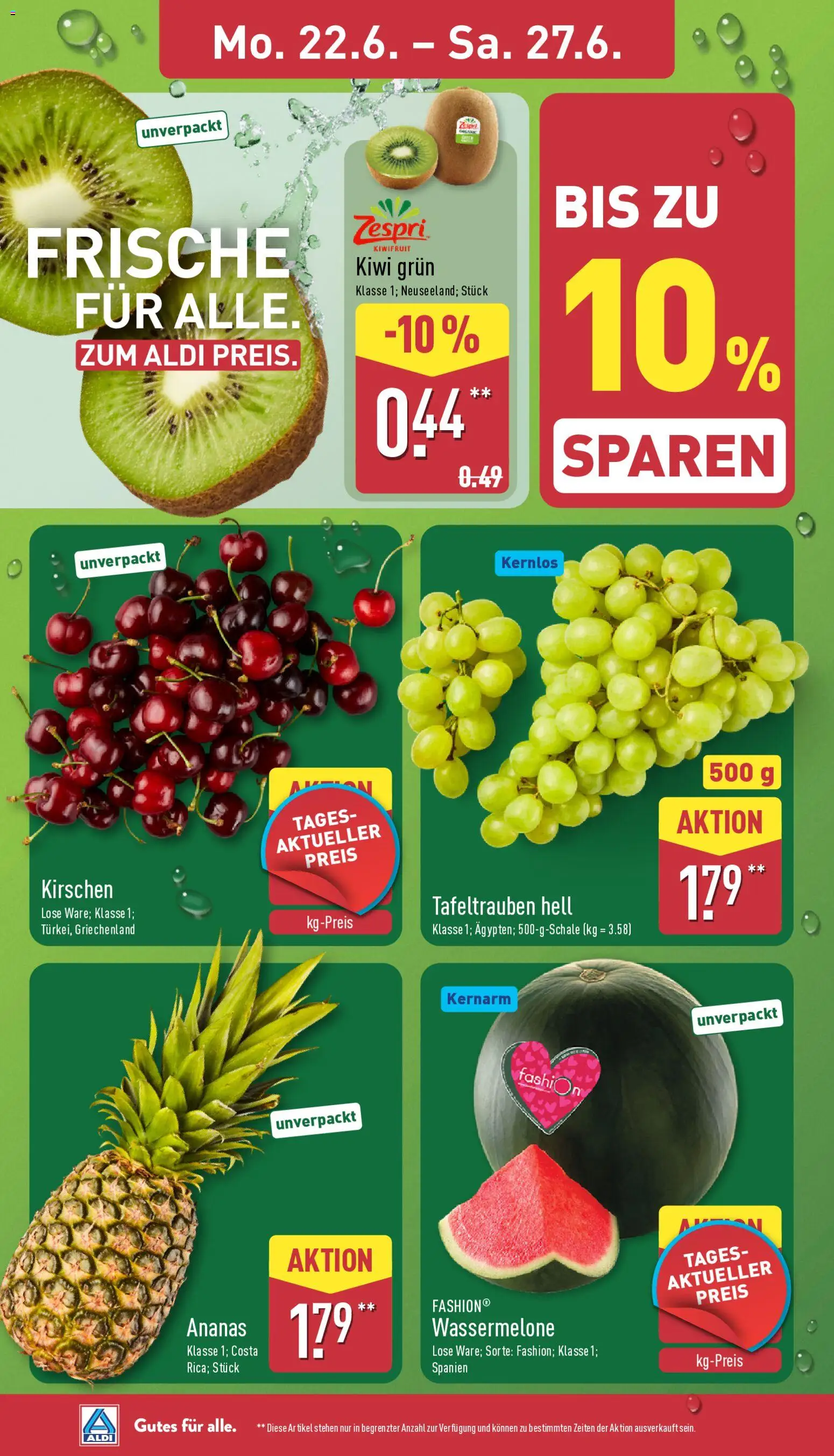 Aldi Prospekt – gültig ab 22.06.2026 | Seite: 2 | Produkte: Ananas, Kirschen, Wassermelone, Kiwi