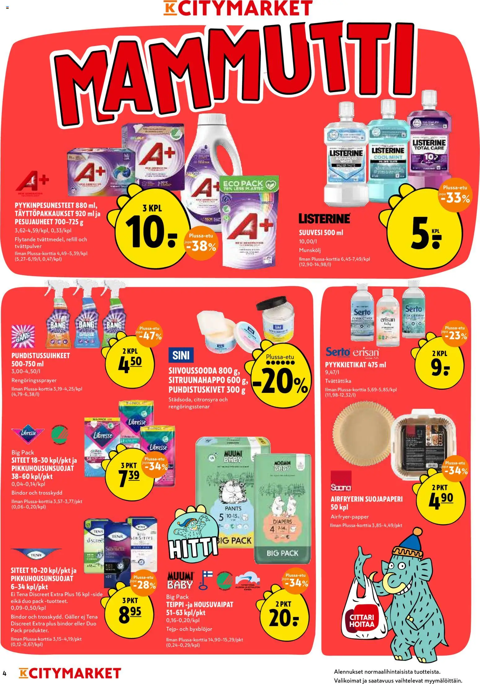 K-Citymarket tarjoukset – voimassa 18.05.2026 alkaen | Sivu: 4 | Tuotteet: Suuvesi, Siteet, Teippi