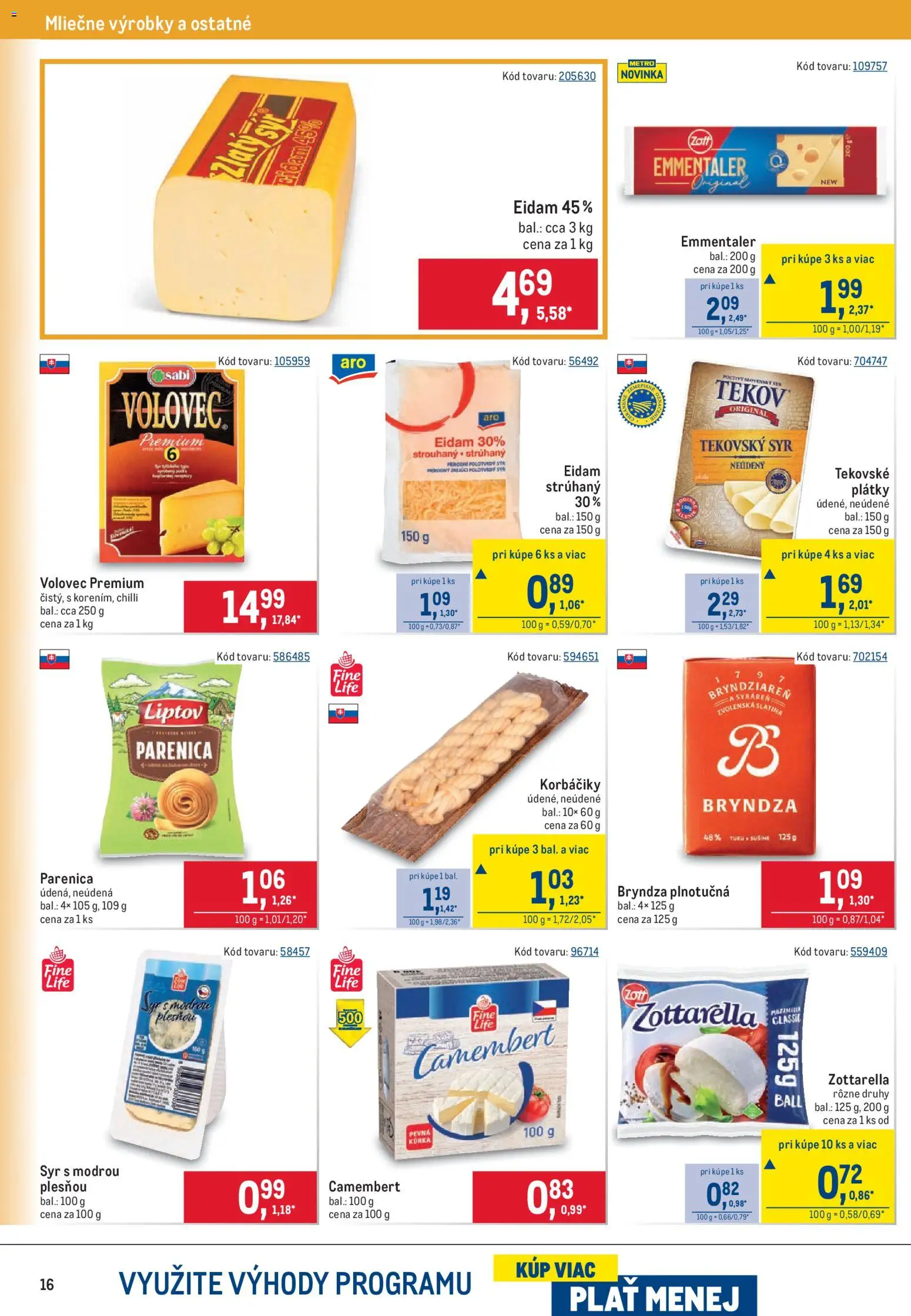 Nové Metro akcie – leták je platný od 09.09.2026 | Strana: 16 | Produkty: Eidam 45%, Chilli, Bryndza, Camembert