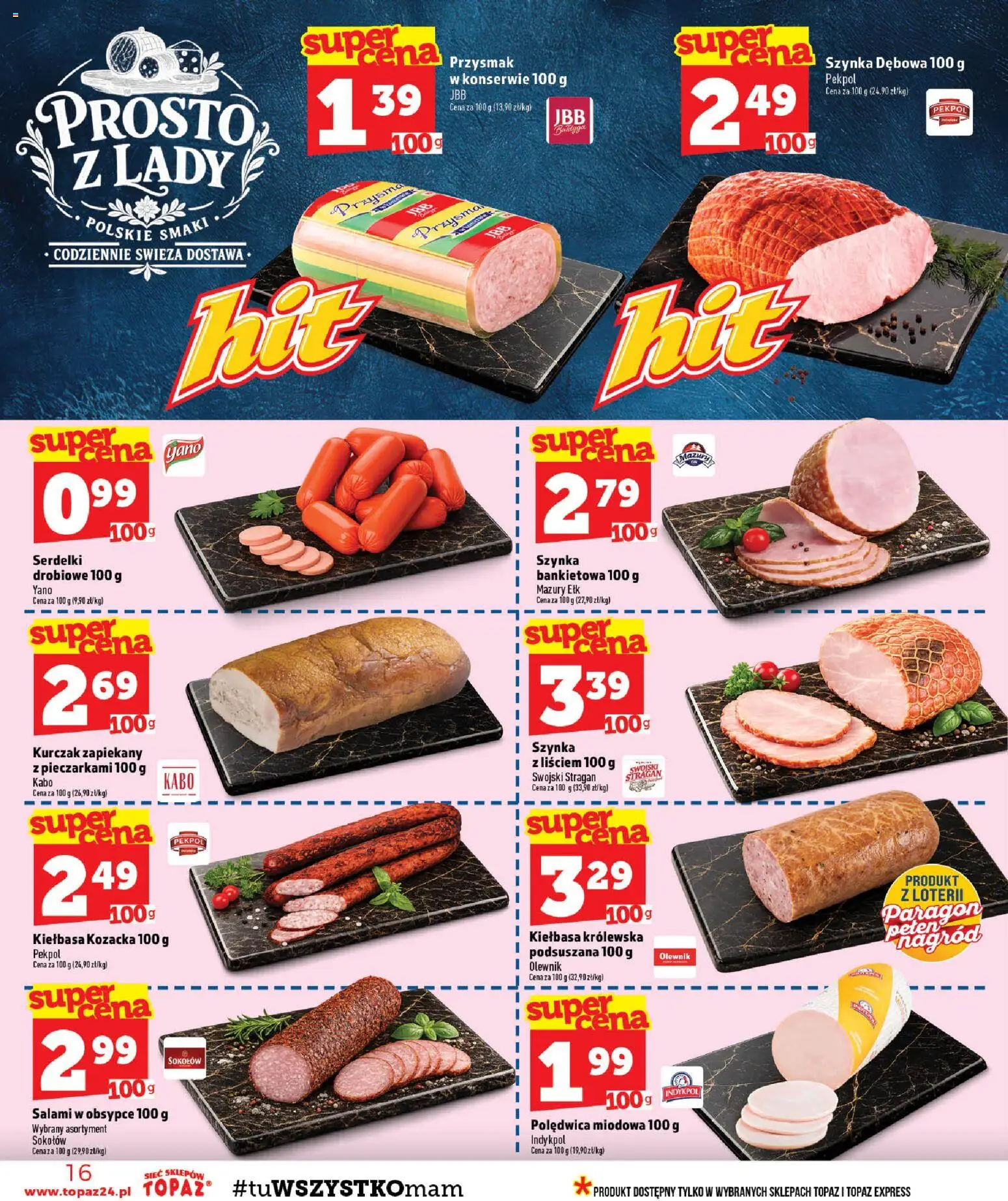 Topaz gazetka - MAZ od 27.08.2026 | Strona: 16 | Produkty: Kiełbasa, Kurczak, Szynka, Salami