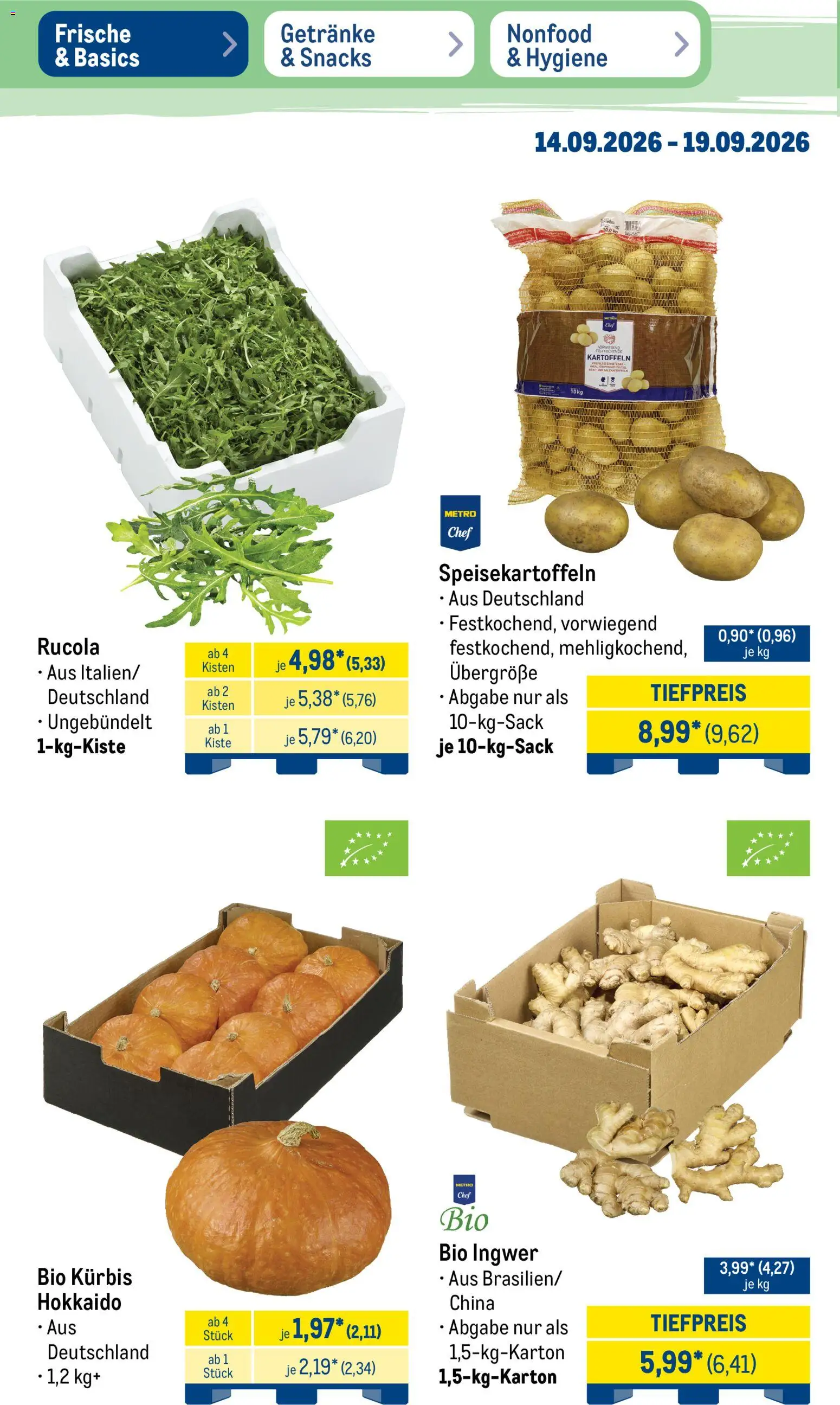 Metro Prospekt – gültig ab 14.09.2026 | Seite: 10 | Produkte: Rucola, Kartoffeln, Kürbis