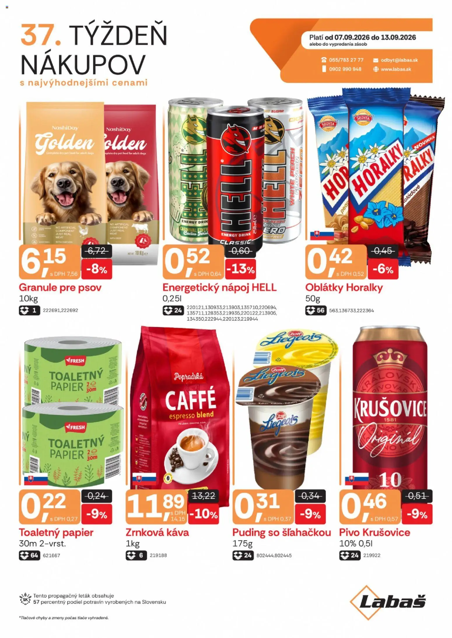 Nové Labaš akcie – leták je platný od 07.09.2026 | Strana: 1 | Produkty: Toaletný papier, Granule, Zrnková káva, Kakao