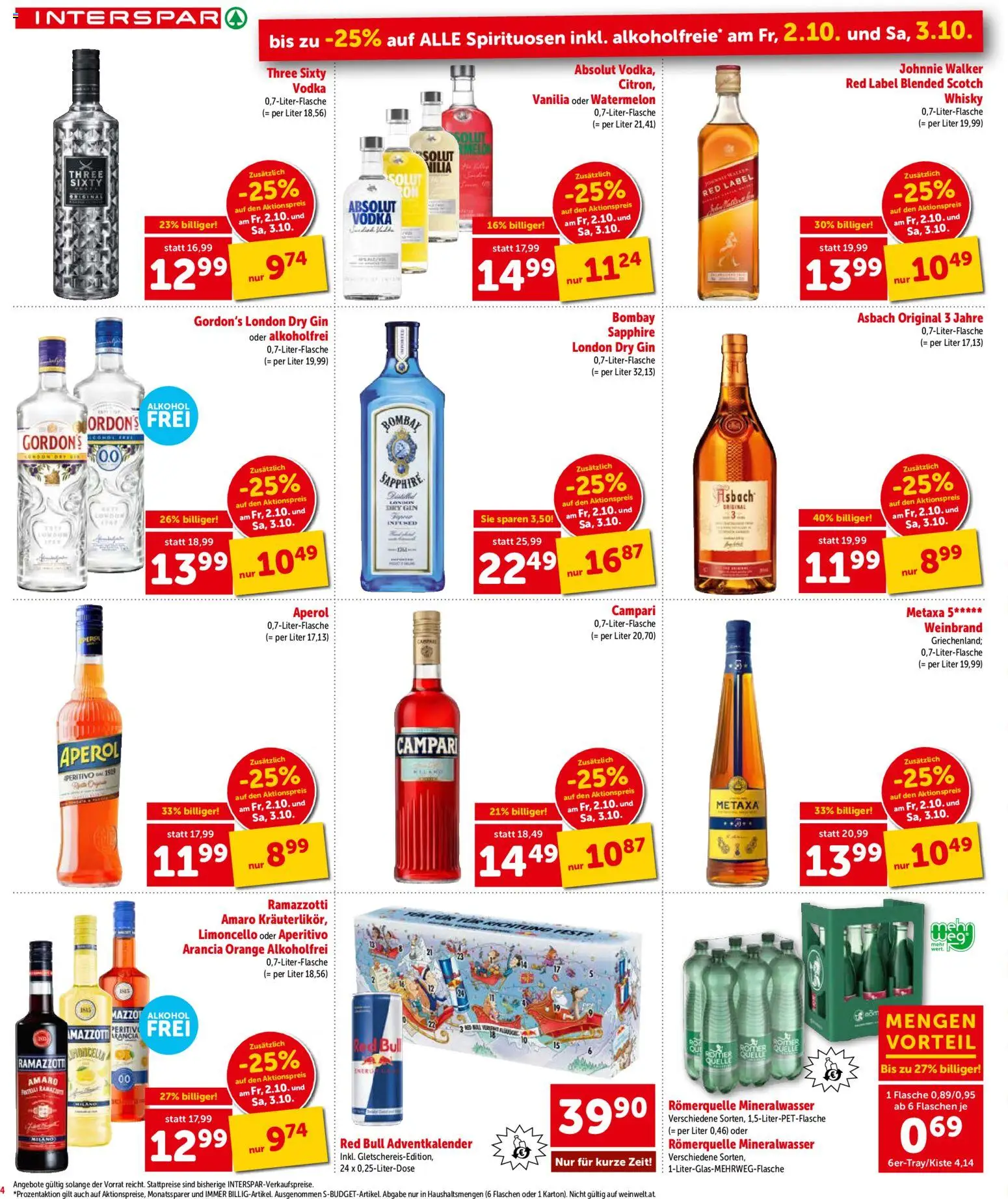 Interspar Broschüre gültig ab 01.10.2026 | Seite: 4 | Produkte: Gin, Campari, Aperol, Mineralwasser