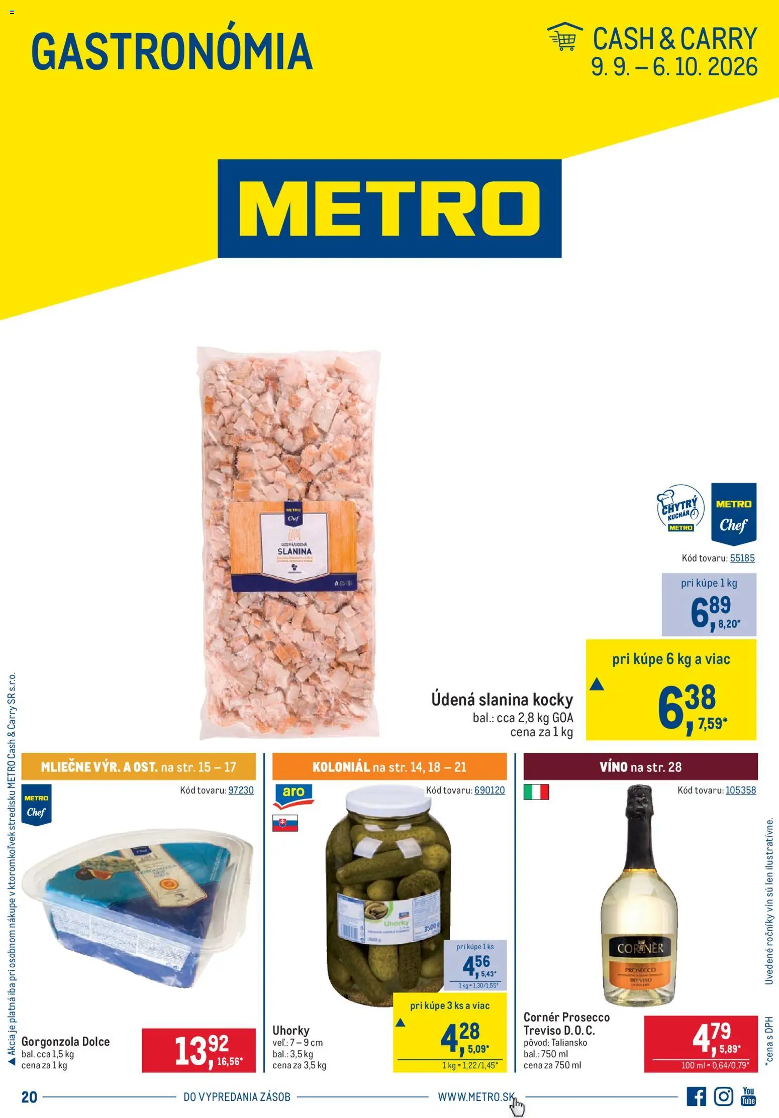 Nové Metro akcie – leták je platný od 09.09.2026 | Strana: 1 | Produkty: Víno, Slanina, Prosecco, Uhorky