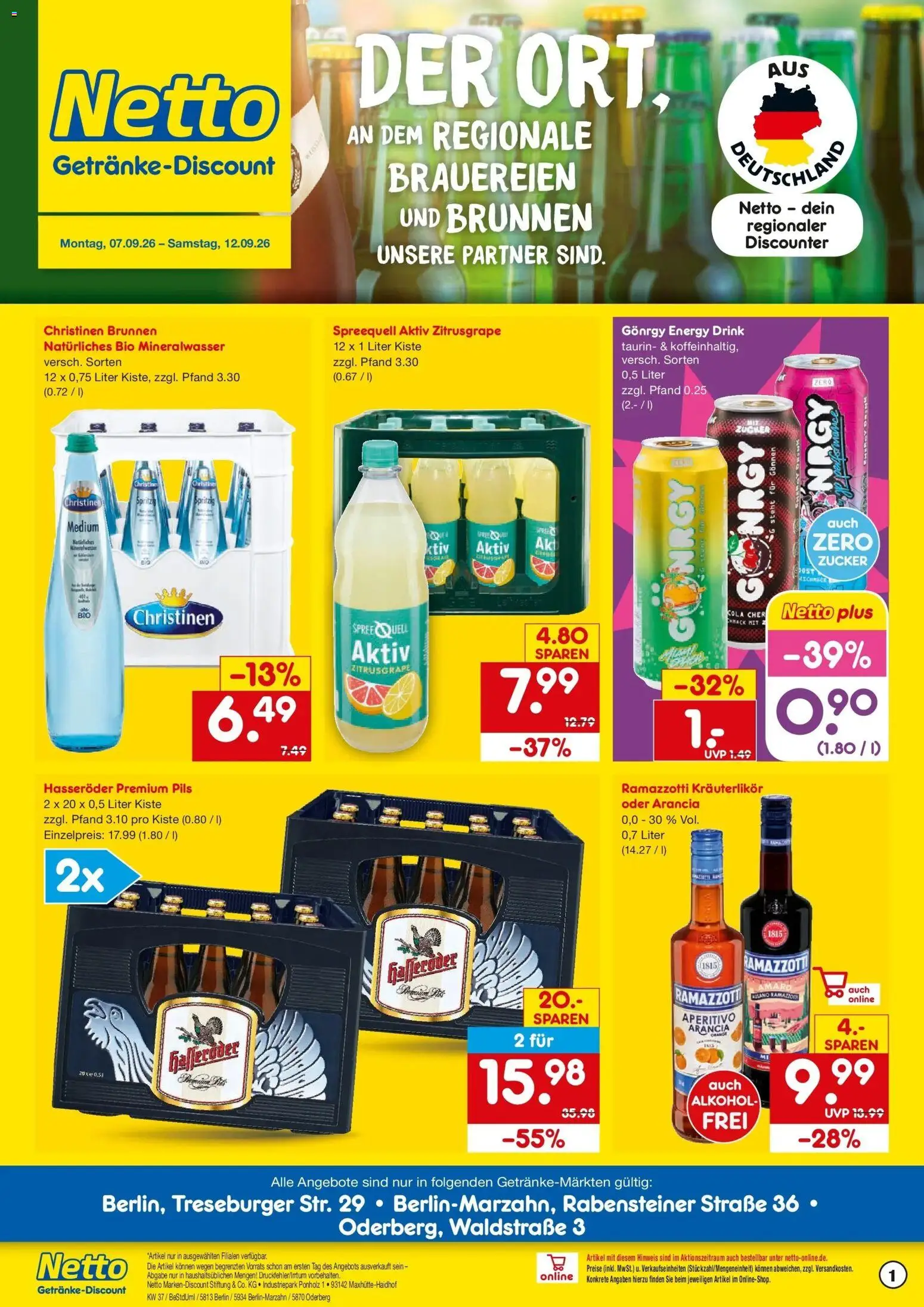 Netto Marken-Discount Prospekt Berlin (ab 07.09.2026) » Angebote | Seite: 1 | Produkte: Pils, Zucker, Hasseröder, Ramazzotti