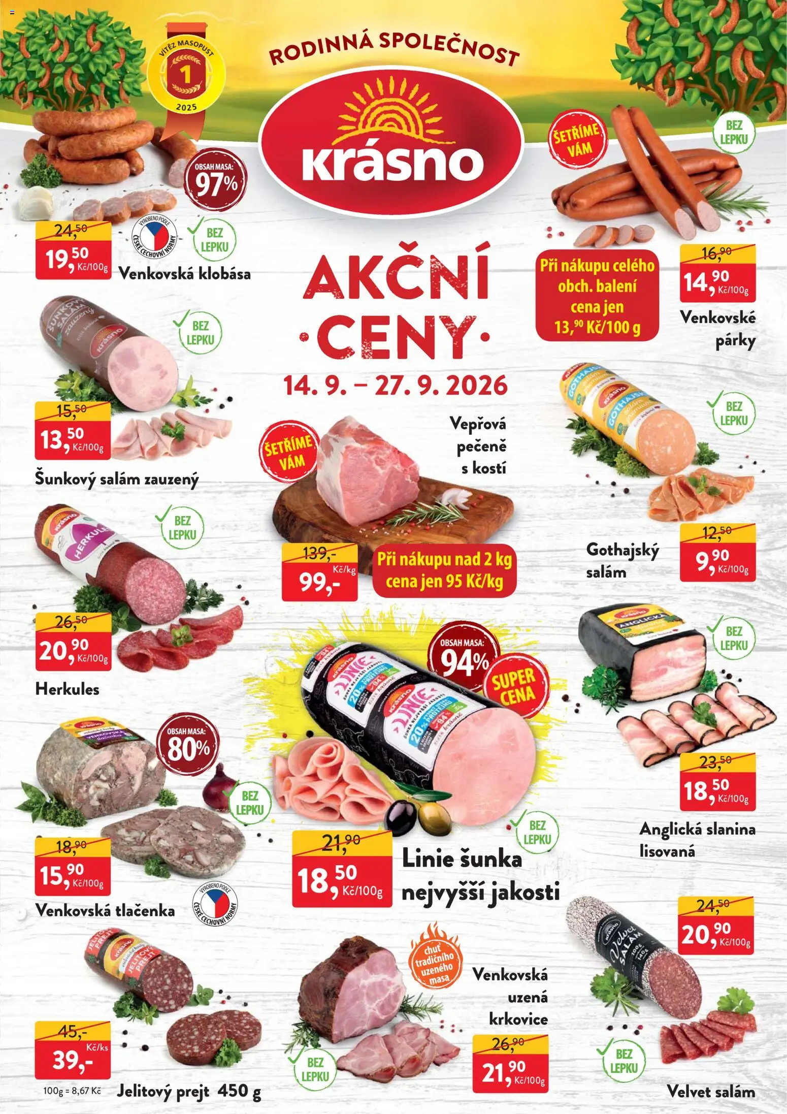 MP Krásno leták od 14.09.2026 | Strana: 1 | Produkty: Anglická slanina, Šunkový salám, Velvet, Jelito