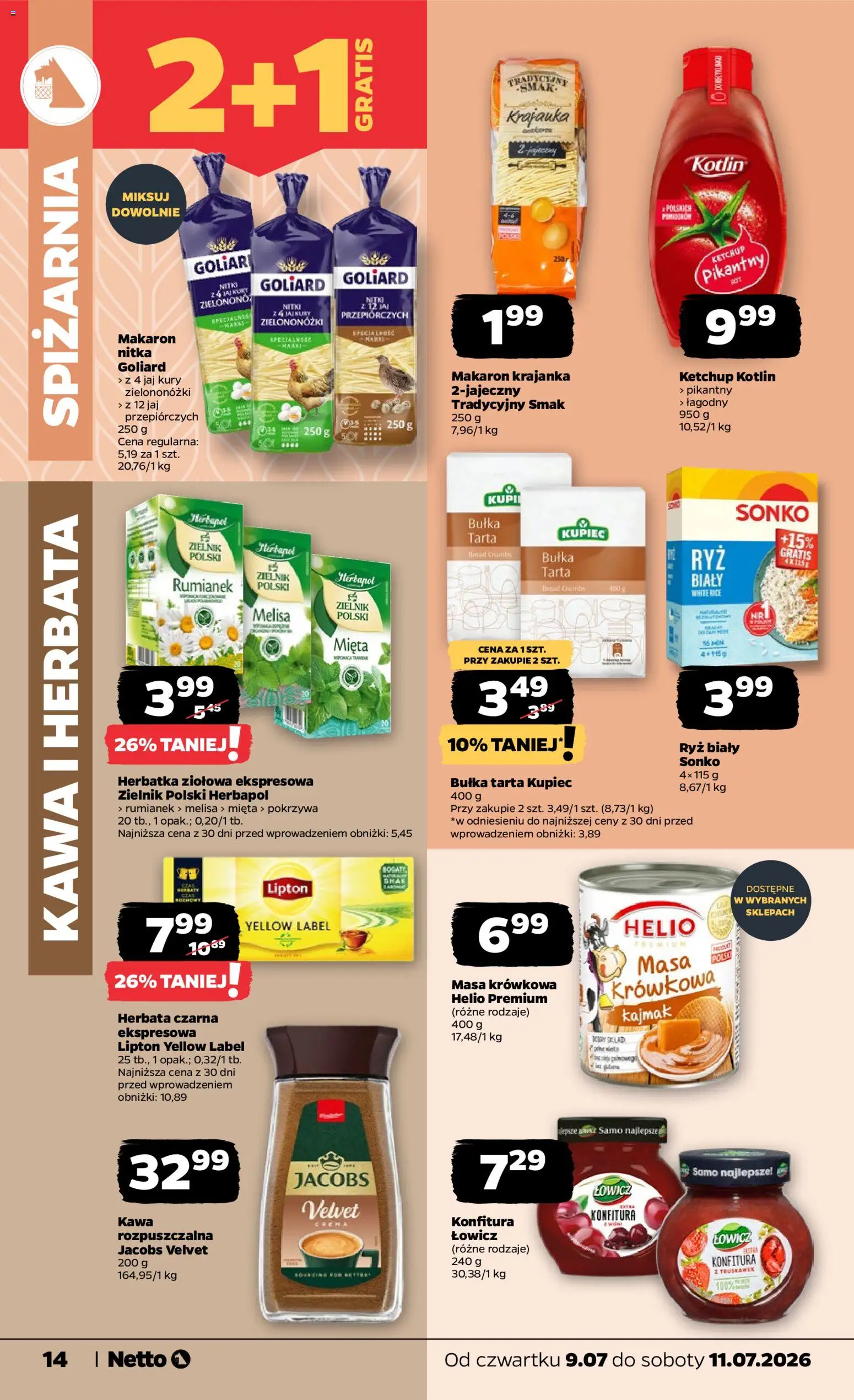 Netto gazetka od czwartku spożywcza od 09.07.2026 | Strona: 14 | Produkty: Kawa rozpuszczalna, Kajmak, Bułka, Herbata