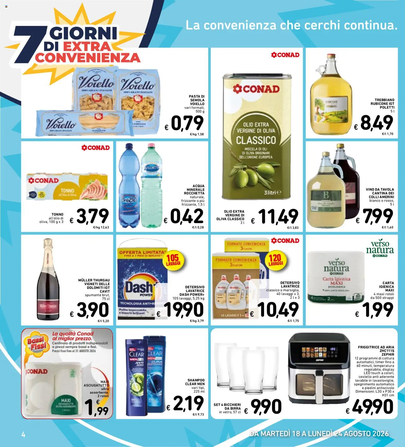 Volantino Spazio Conad del 18/08/2026 | Pagina: 4 | Prodotti: Friggitrice ad aria, Voiello, Pasta di semola, Olio