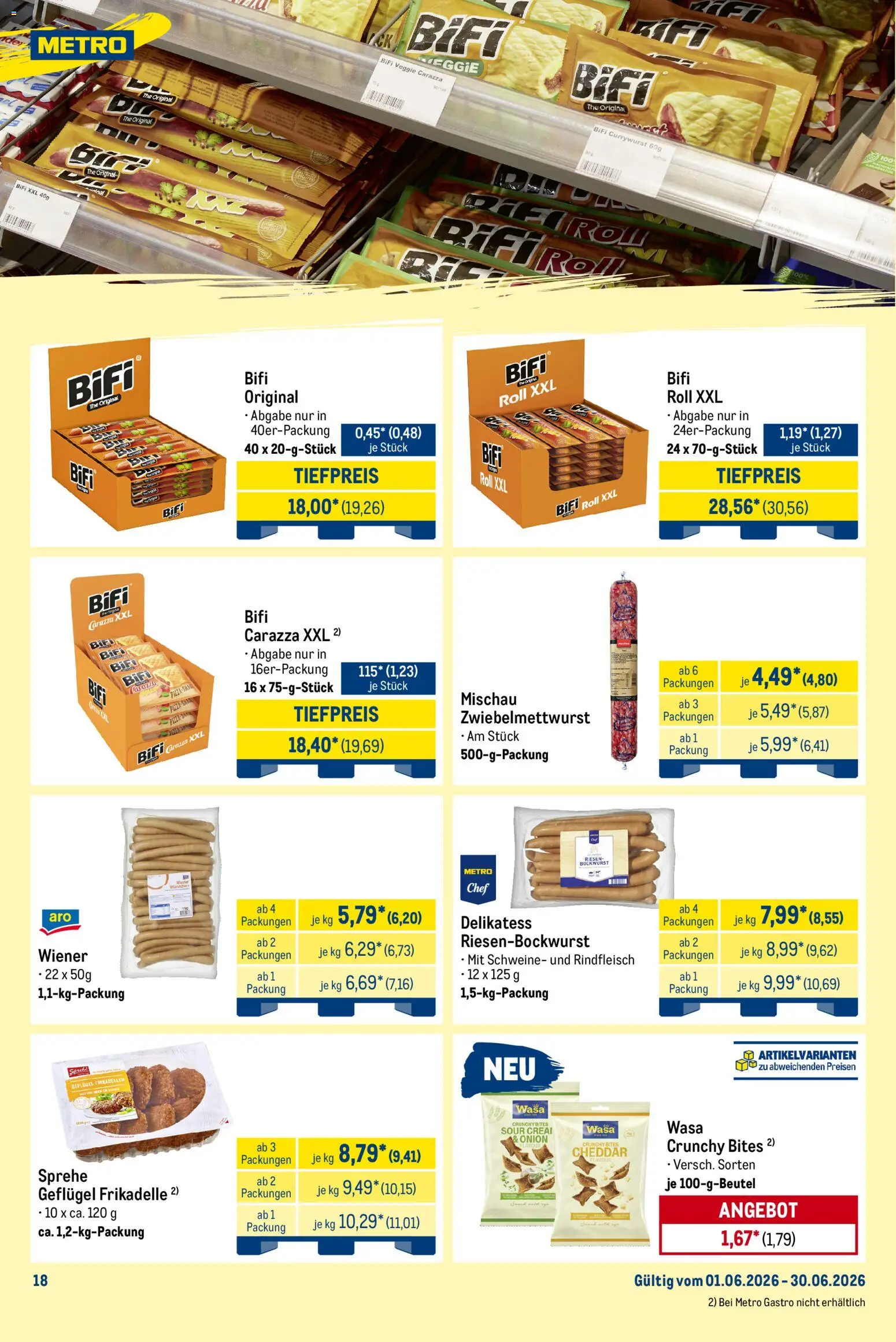Metro Monats-Mix – gültig ab 01.06.2026 | Seite: 18 | Produkte: Bockwurst, Bifi, Rindfleisch