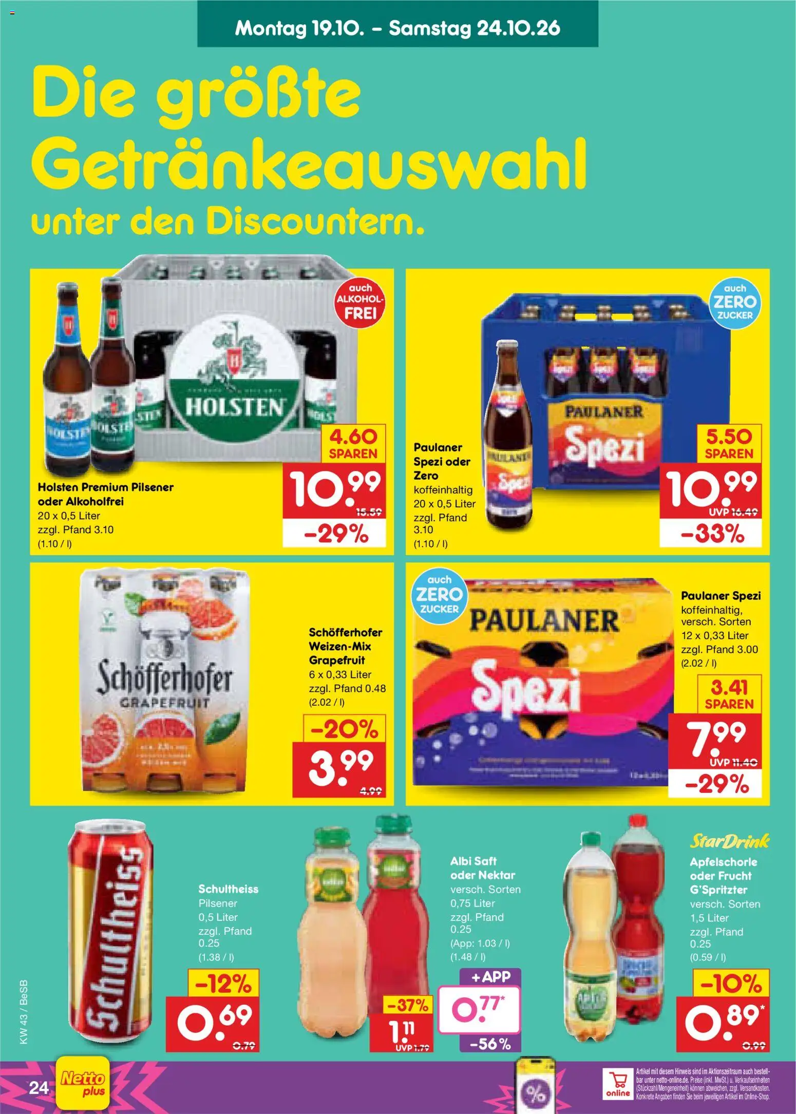 Netto Marken-Discount Prospekt – gültig ab 19.10.2026 | Seite: 28 | Produkte: Paulaner spezi, Alkohol, Zucker, Saft