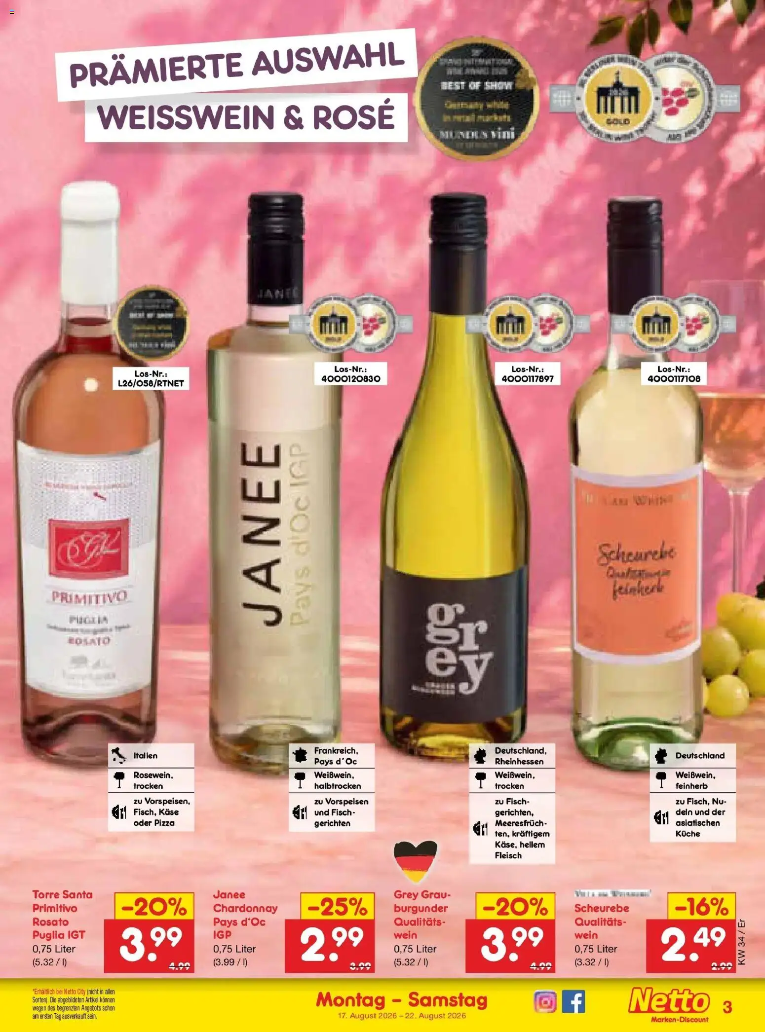 Netto Marken-Discount Prospekt Nordhausen – gültig ab 17.08.2026 | Seite: 45 | Produkte: Weißwein, Fisch, Pizza, Wein