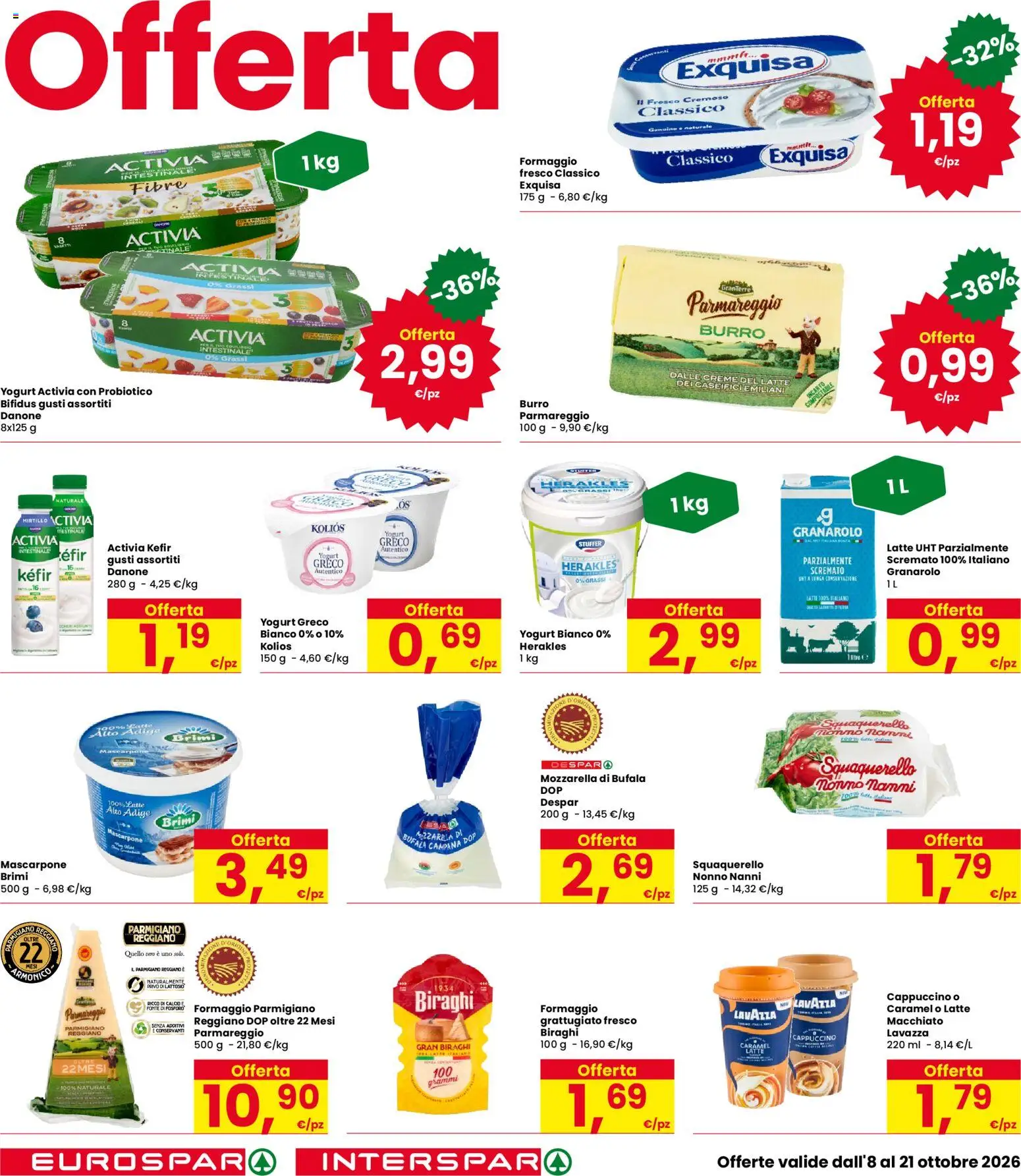 Volantino Eurospar del 08/10/2026 | Pagina: 18 | Prodotti: Latte, Burro, Mascarpone, Parmigiano reggiano