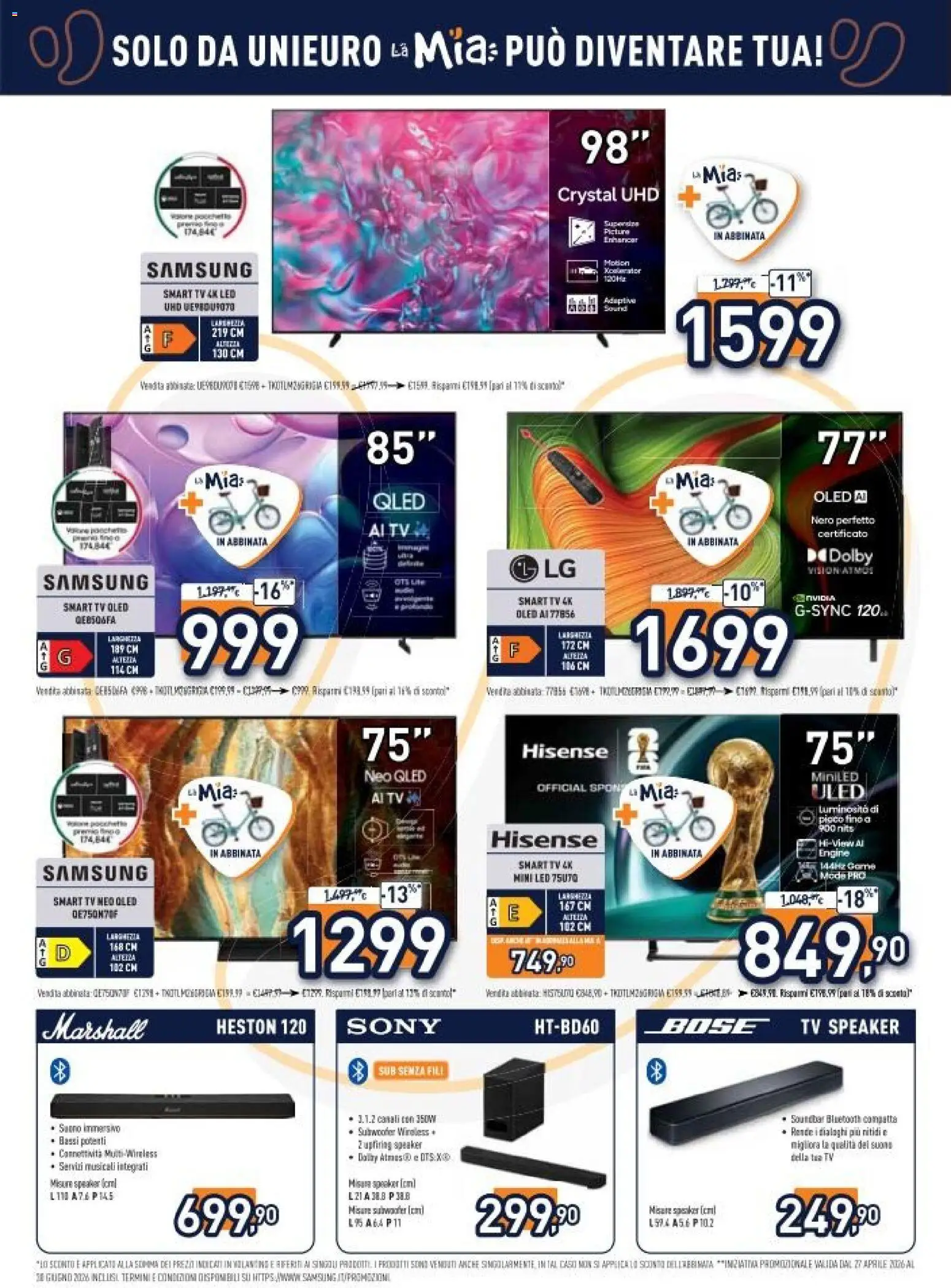Volantino Unieuro del 29.05.2026 | Pagina: 2 | Prodotti: Soundbar, TV, Speaker, Samsung