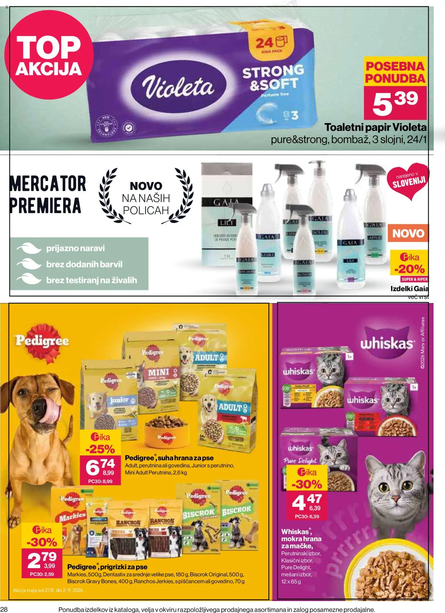 Novi Mercator katalog ponudbe – veljaven od 27.08.2026 | Stran: 28 | Izdelki: Hrana za mačke, Hrana za pse, Toaletni papir, Prigrizki
