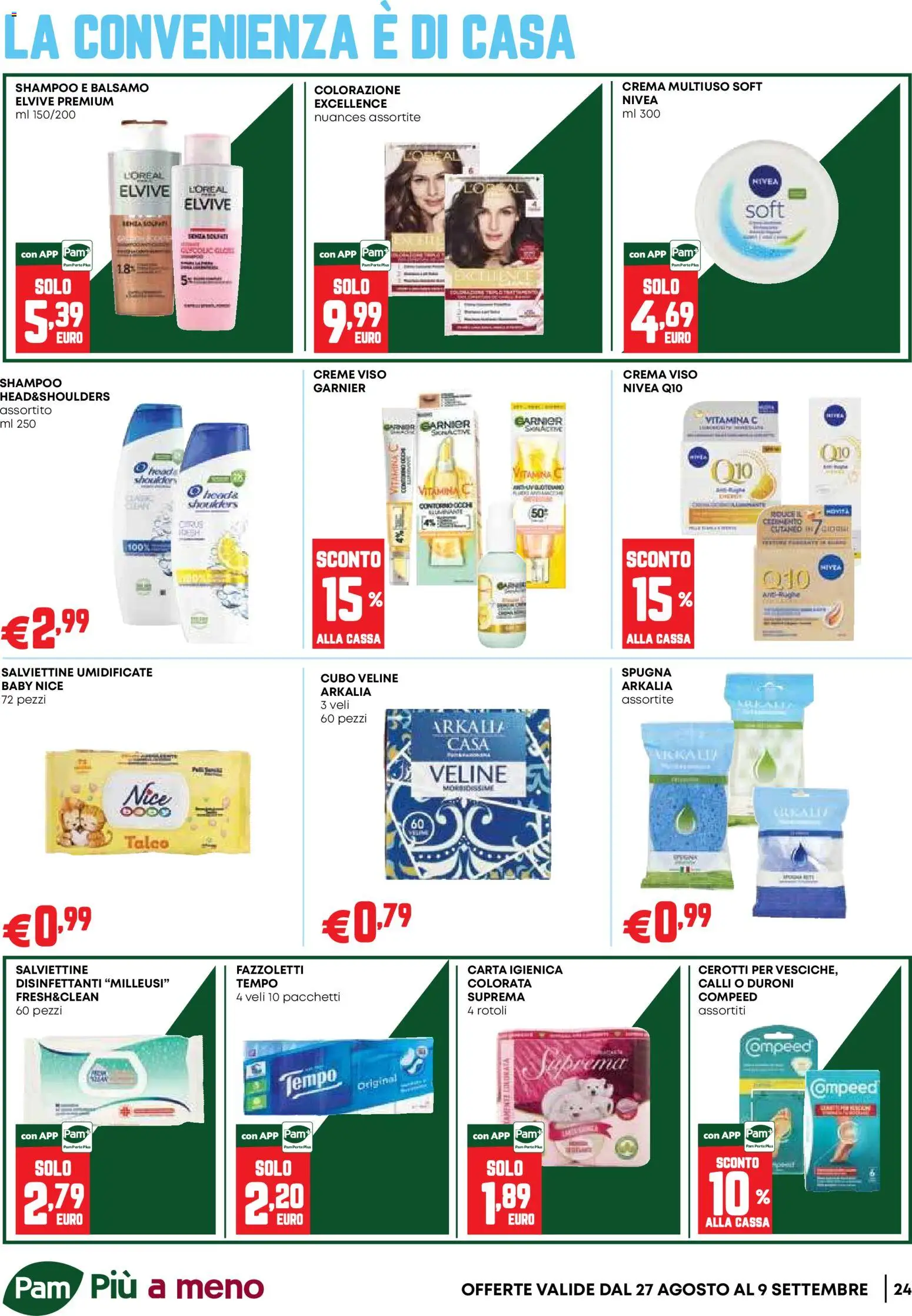 Volantino PAM del 27/08/2026 | Pagina: 24 | Prodotti: Spugna, Crema, Veline, Crema viso