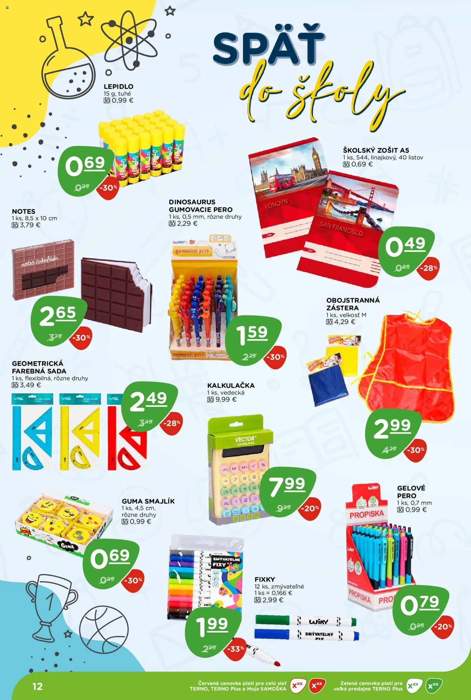 Nové Terno akcie – leták je platný od 20.08.2026 | Strana: 12 | Produkty: Zošit, Pero, Fixky, Kalkulačka