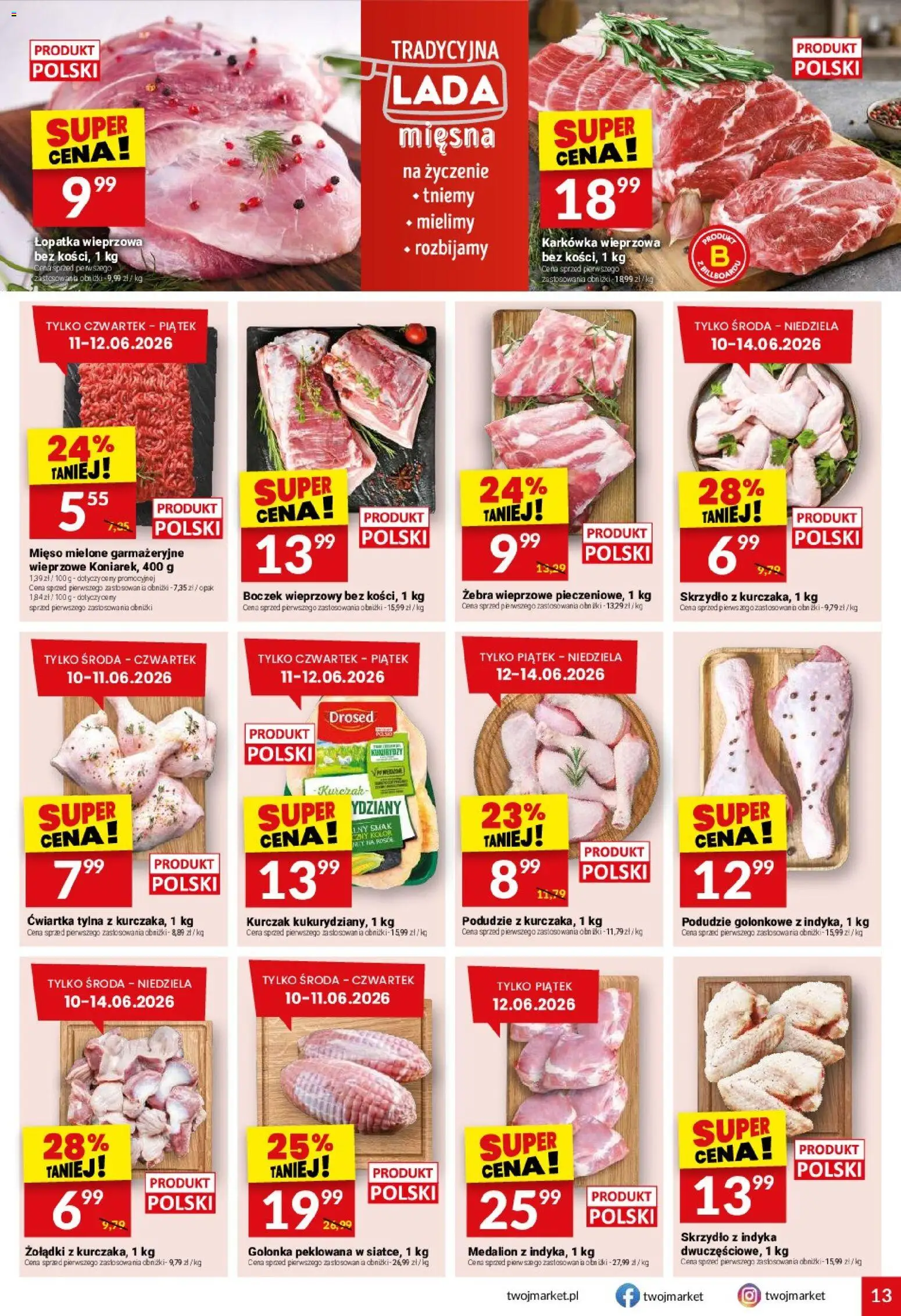 Twój Market gazetka od 10.06.2026 | Strona: 13 | Produkty: Kurczak, Karkówka wieprzowa, Mięso mielone, Boczek