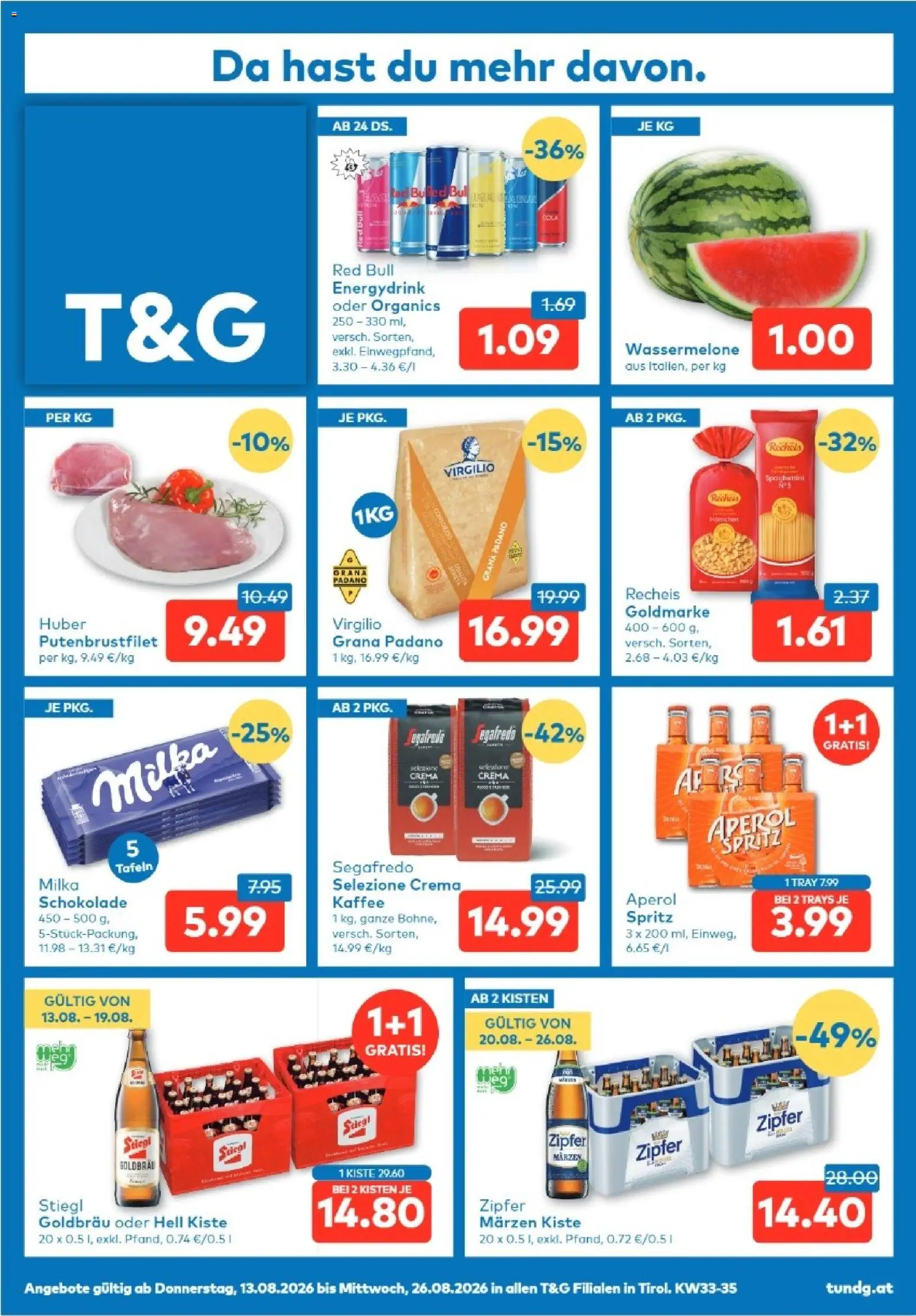 T&G Tirol gültig ab 13.08.2026 | Seite: 1 | Produkte: Wassermelone, Kaffee, Schokolade