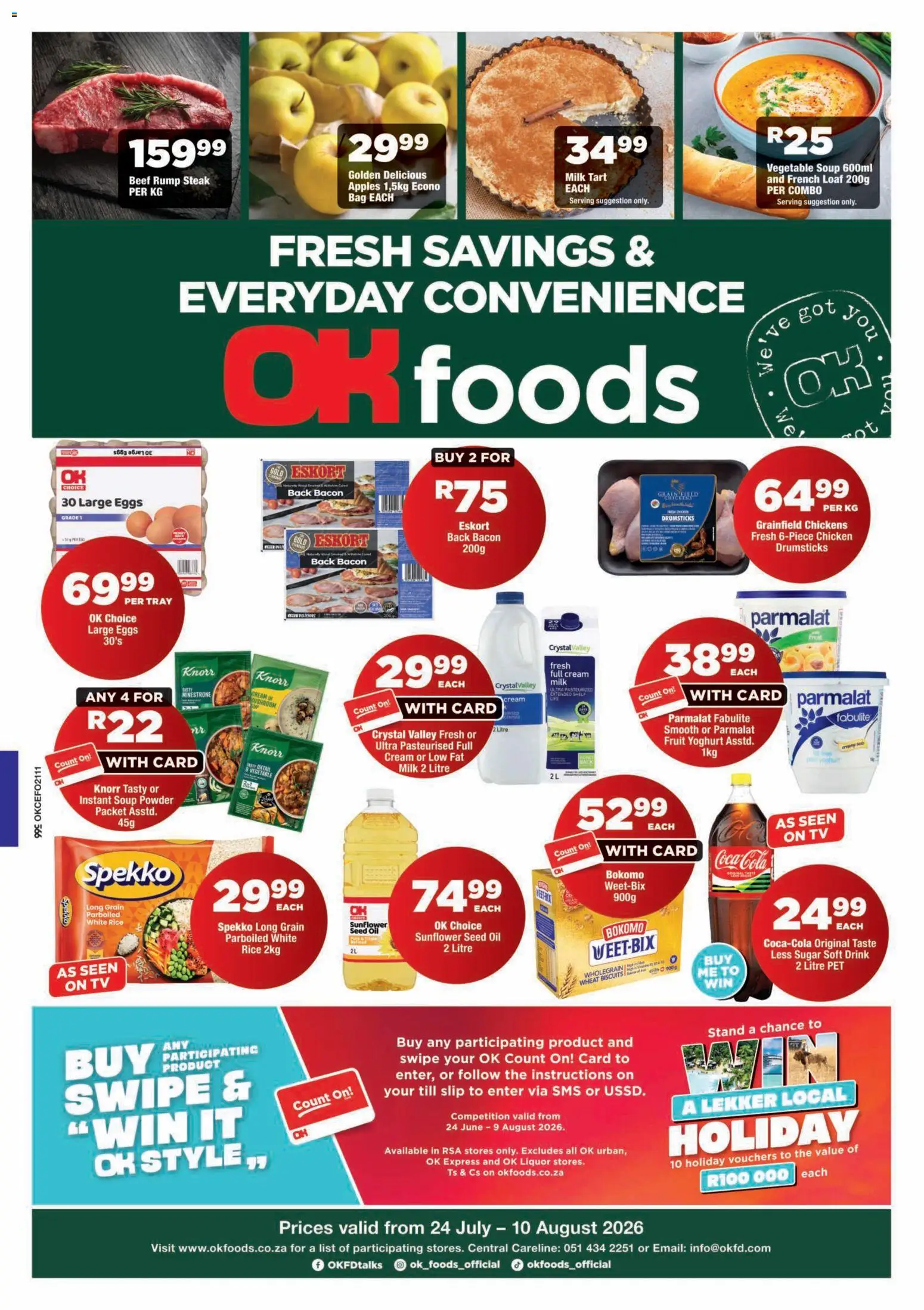 New OK Foods catalogue – valid from 24/07/2026 | Page: 1 | Products: Tray, Steak, Rice, Bacon