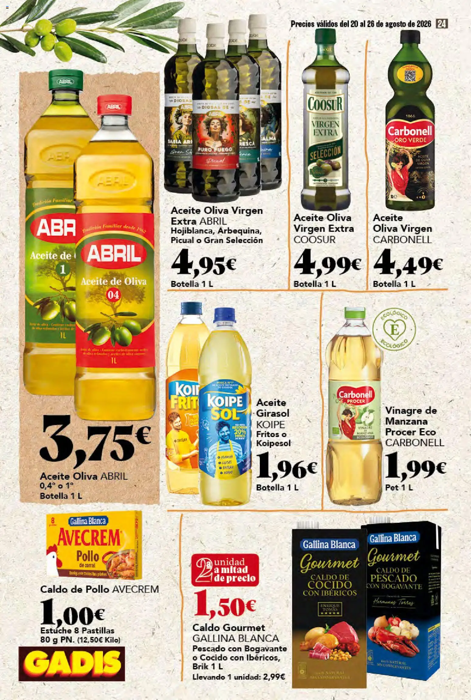 Gadis folleto │ válido desde el 20/08/2026 | Página: 24 | Productos: Caldo de pollo, Aceite, Aceite de oliva, Vinagre