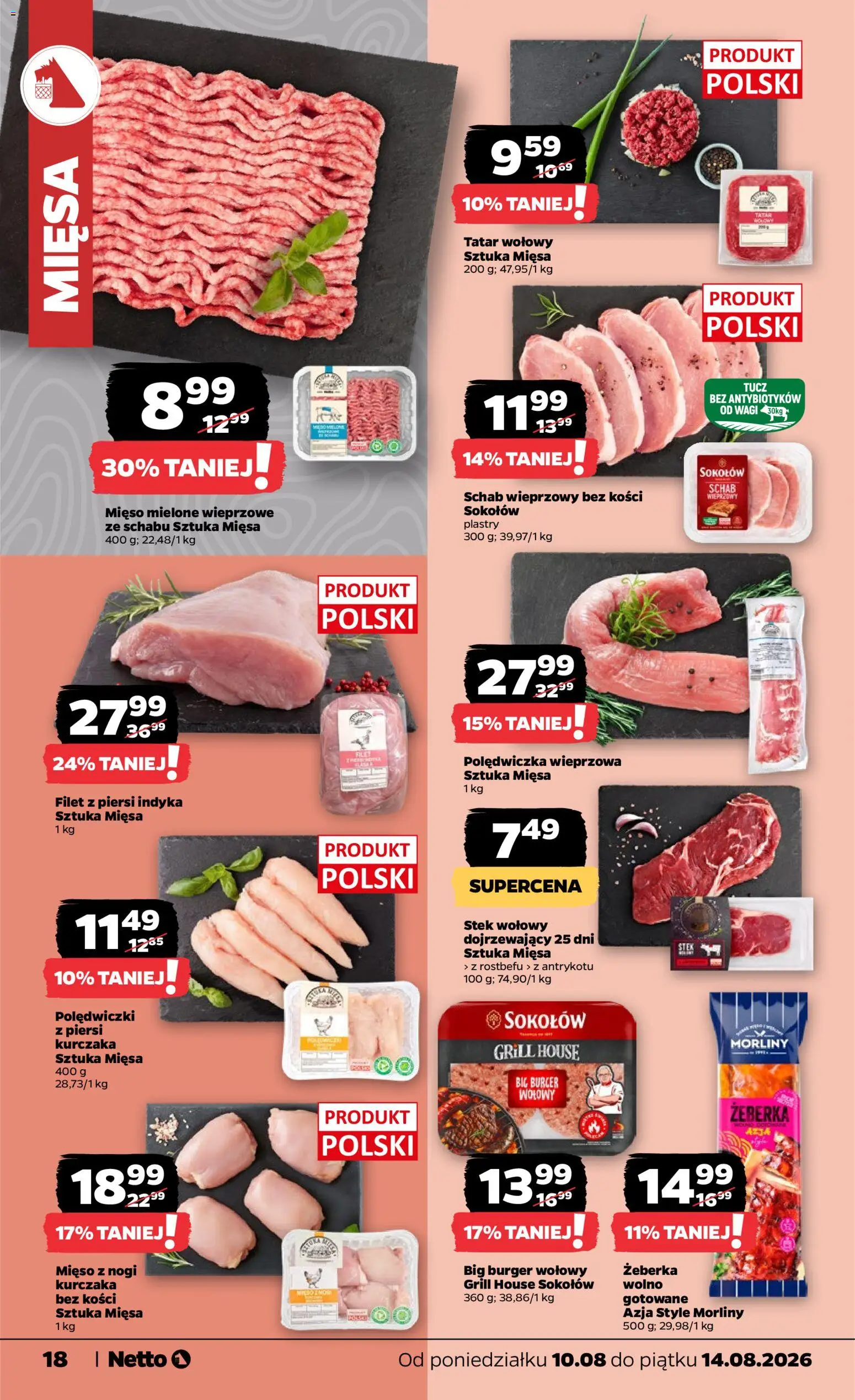 Netto gazetka od poniedziałku od 10.08.2026 | Strona: 18 | Produkty: Tatar wołowy, Schab wieprzowy, Grill, Mięso mielone