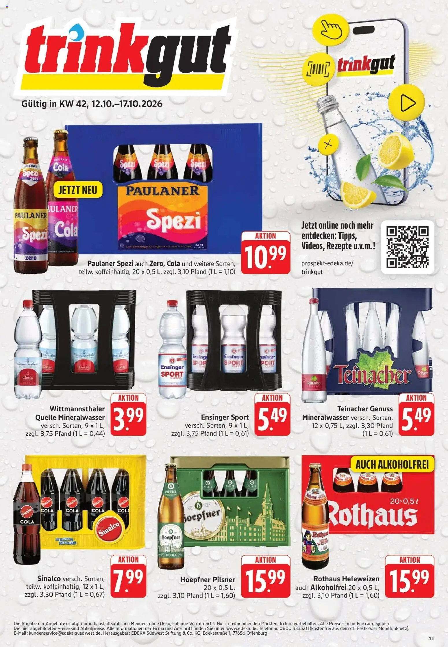 Trinkgut Prospekt Karlsbad - Langensteinbach (ab 12.10.2026) » Angebote online | Seite: 1 | Produkte: Sinalco, Paulaner spezi, Mineralwasser, Paulaner