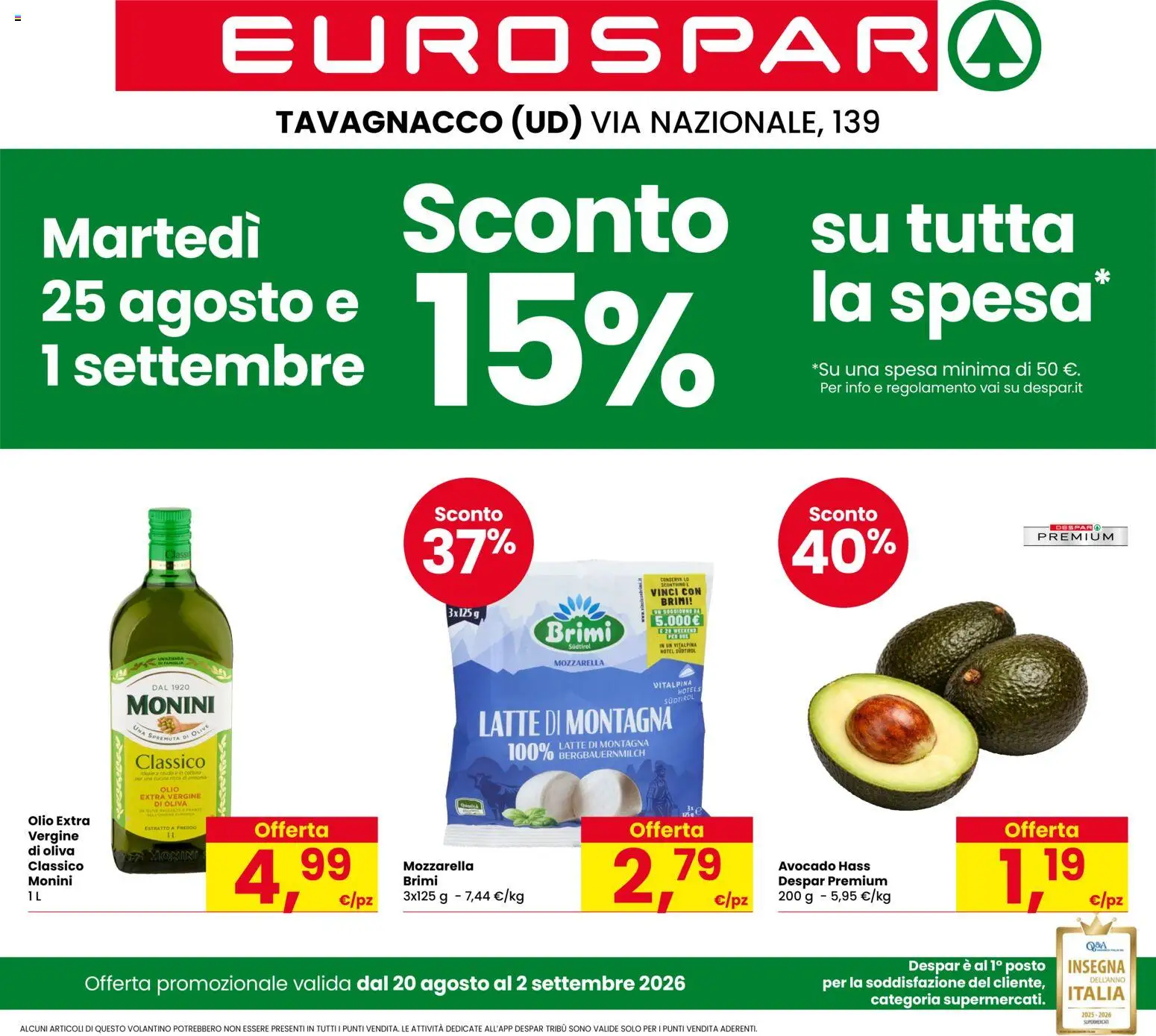 Volantino Eurospar del 20/08/2026 | Pagina: 1 | Prodotti: Avocado, Mozzarella, Latte, Olio extra vergine