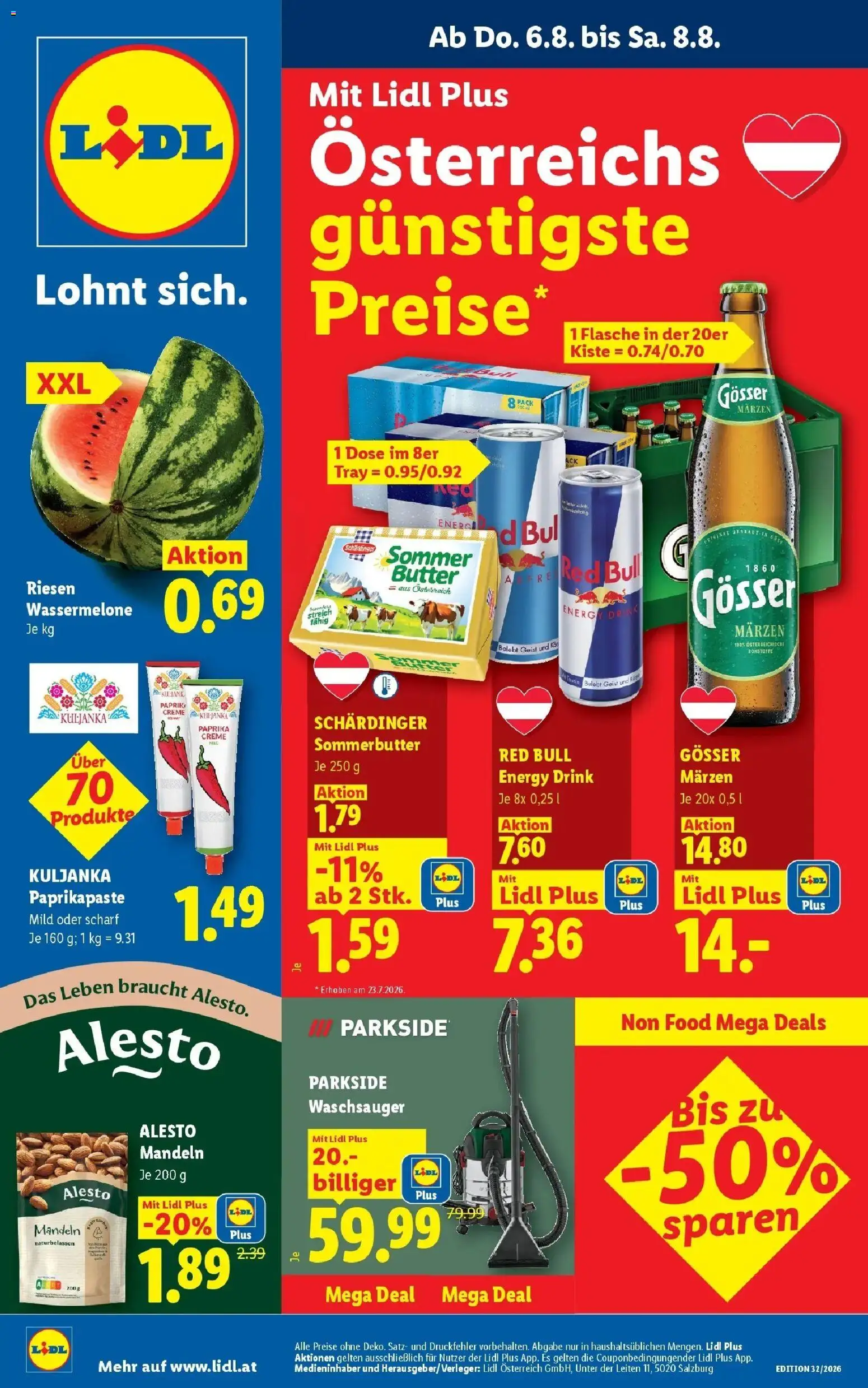 Lidl Flugblatt - Fohnsdorf, Neunkirchen, Graz ab 06.08.2026 - Angebote ab donnerstag | Seite: 1 | Produkte: Wassermelone, Butter, Creme