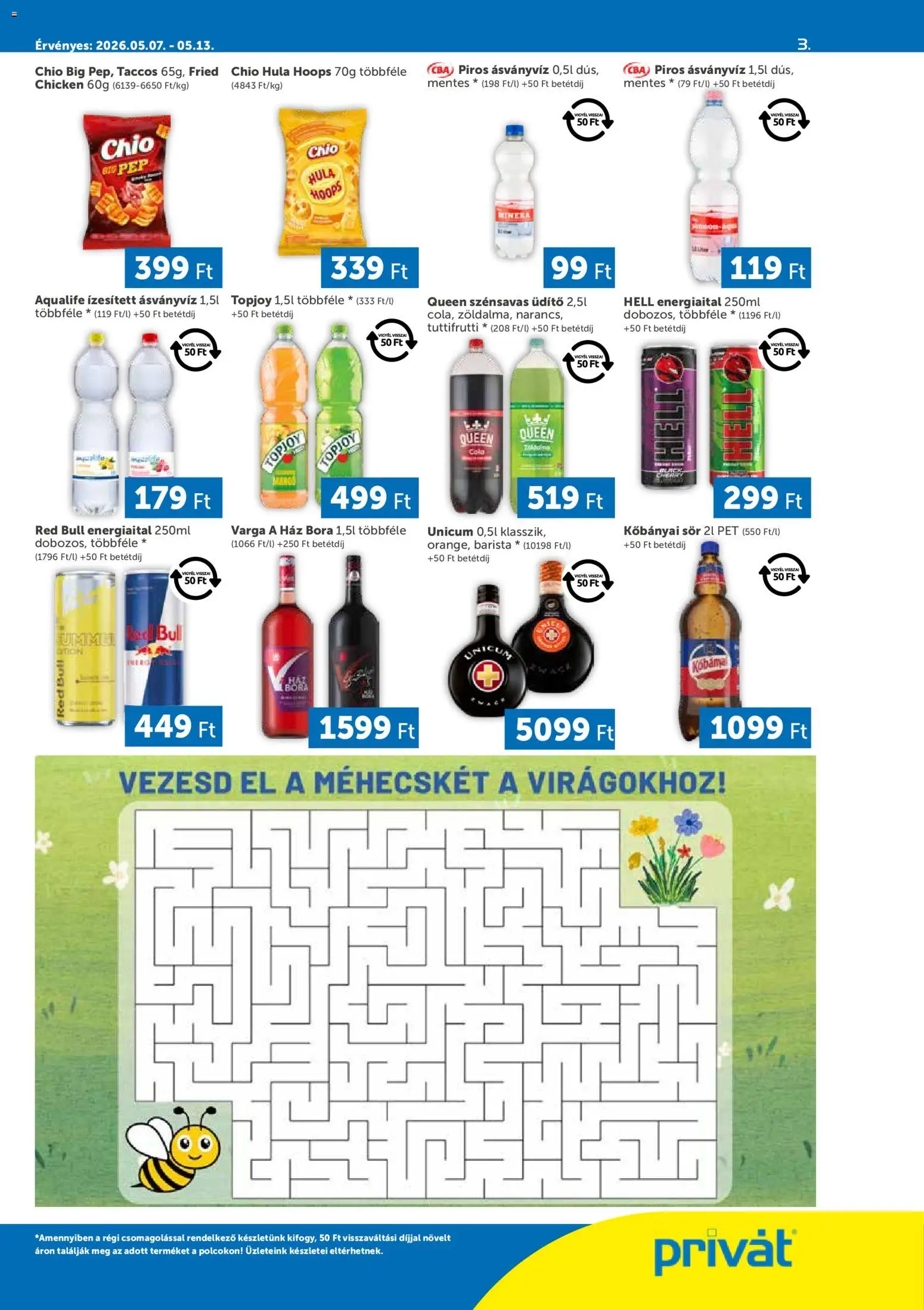 PRIVÁT akciós ujság - amely érvényes a következő dátumtól: 07.05.2026 | Oldal: 3 | Termékek: Energiaital, Red bull, Ásványvíz, Sör