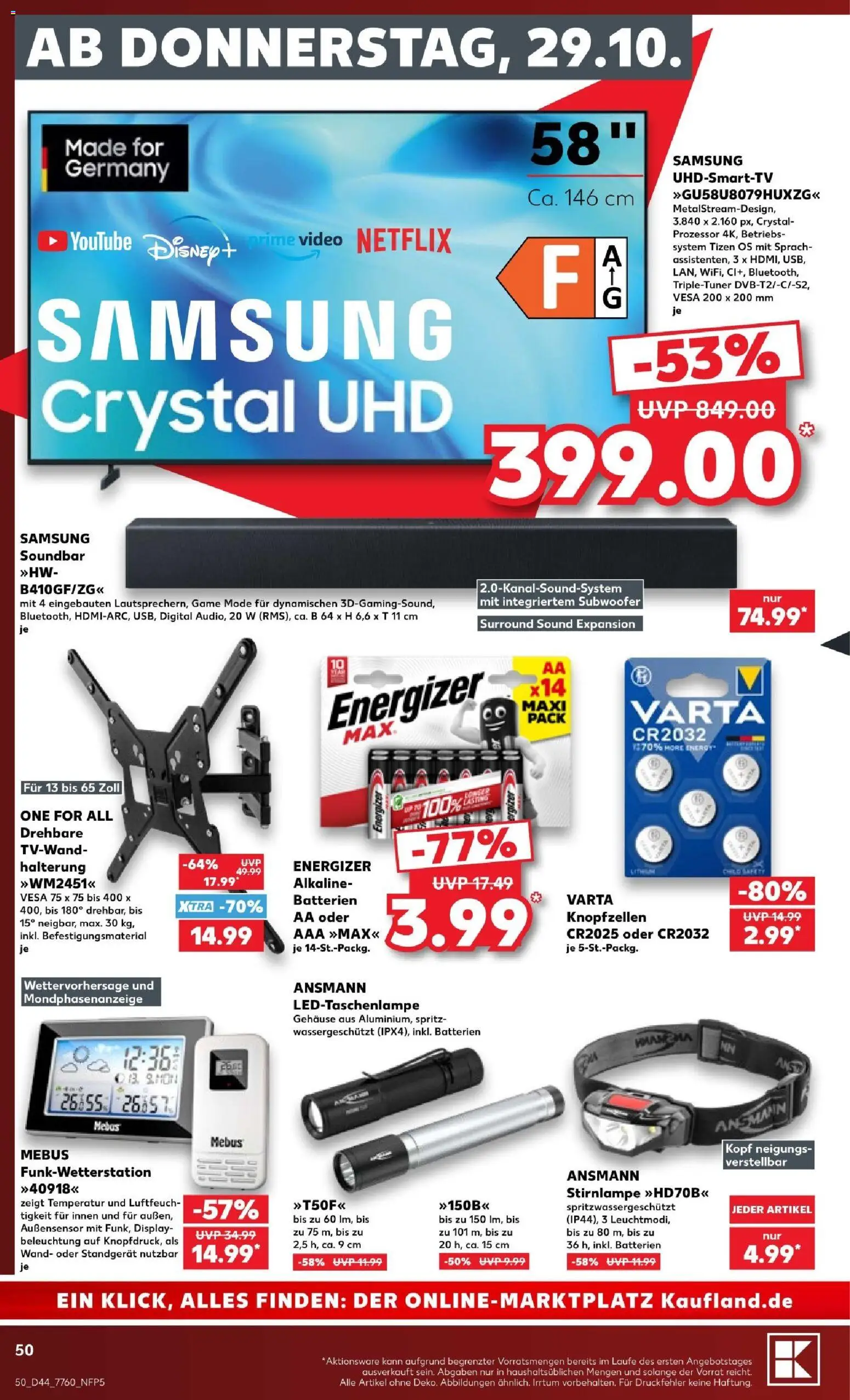 Kaufland Prospekt Speyer – gültig ab 26.10.2026 | Seite: 50 | Produkte: Batterien, Stirnlampe, Soundbar, Video