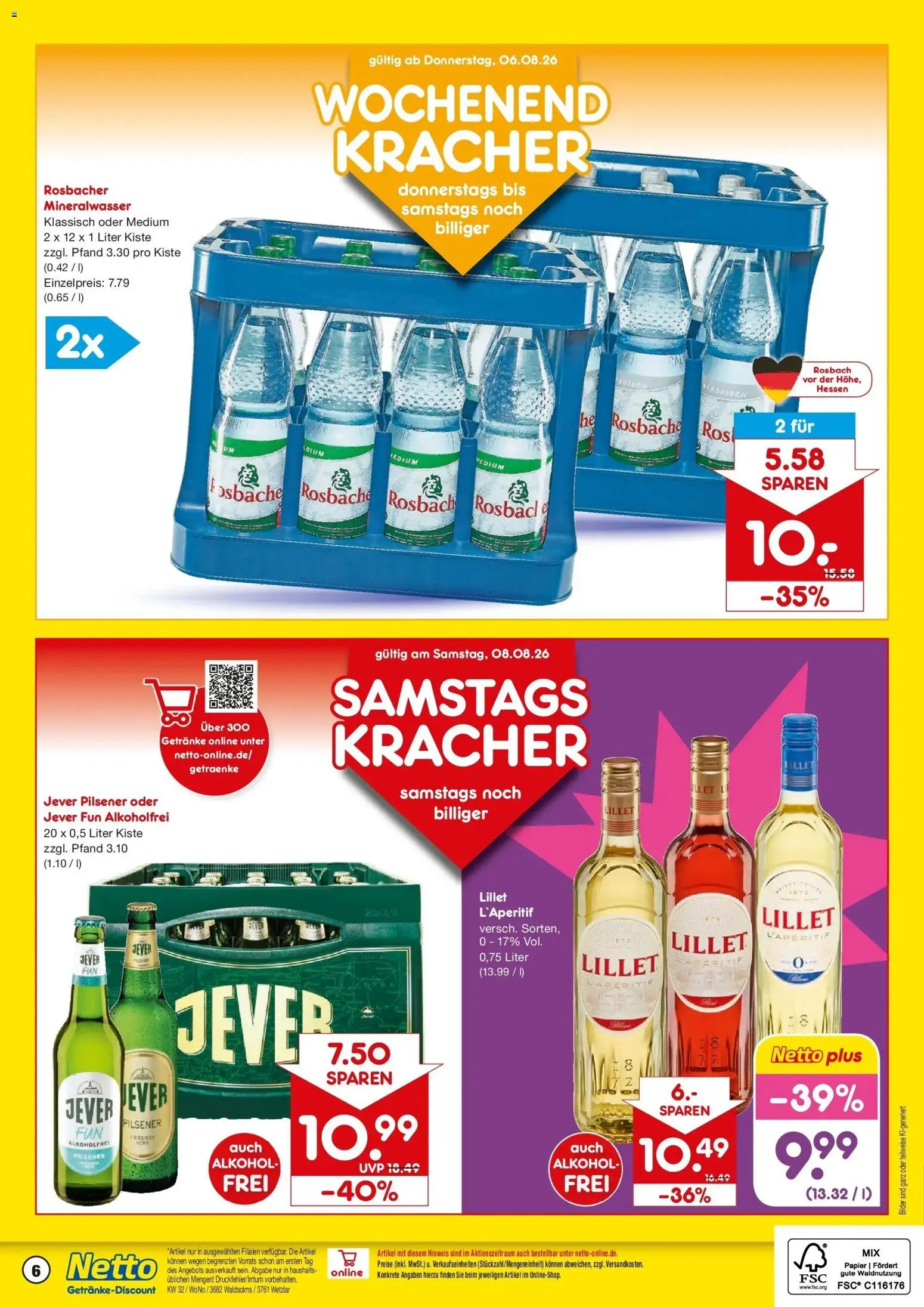 Netto Marken-Discount Prospekt Wetzlar-Naunheim – gültig ab 03.08.2026 | Seite: 6 | Produkte: Mineralwasser, Lillet, Bilder, Jever