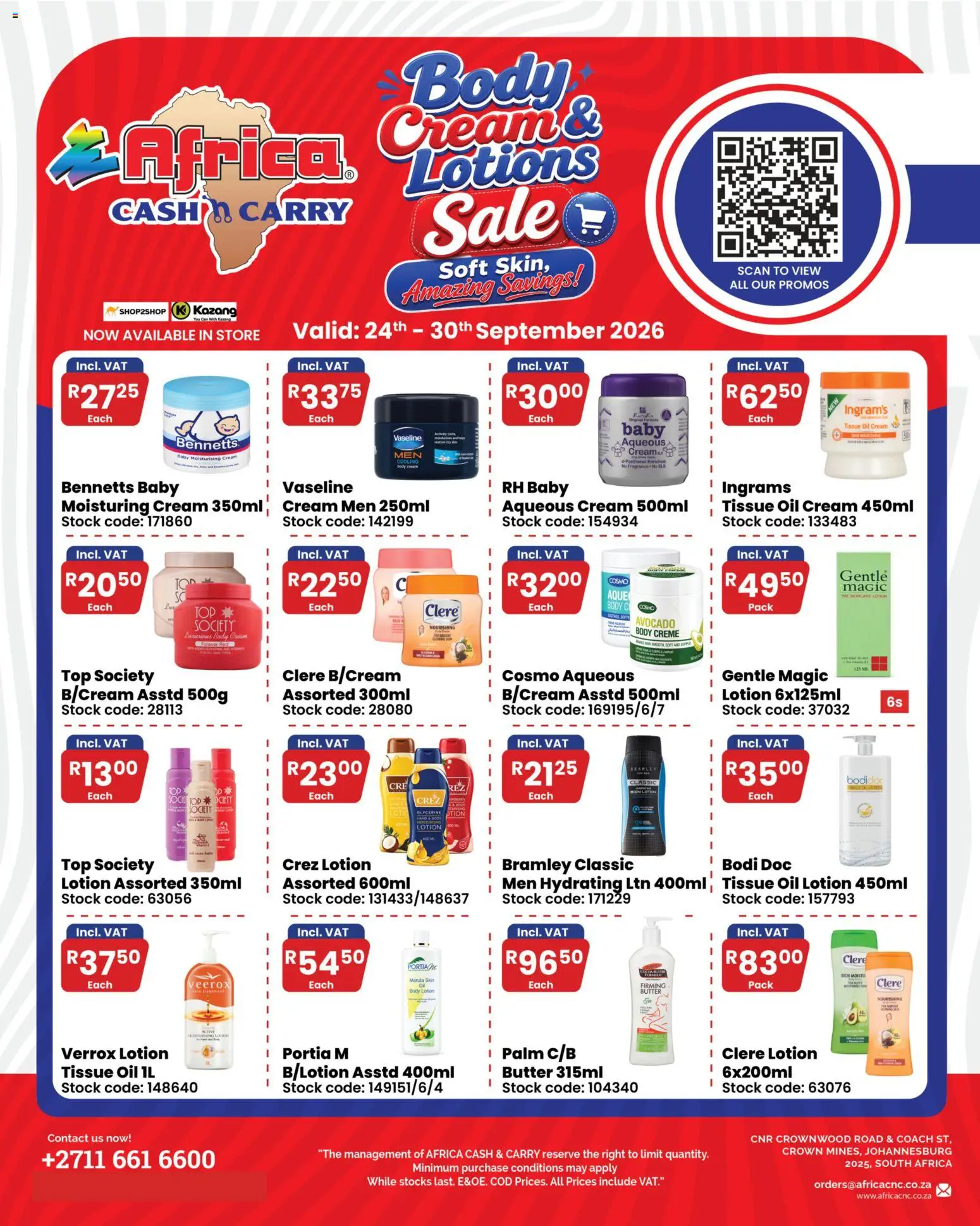New Africa Cash & Carry catalogue – valid from 24/09/2026 | Page: 1 | Products: Tissue oil, Cream, Body cream, Lotion