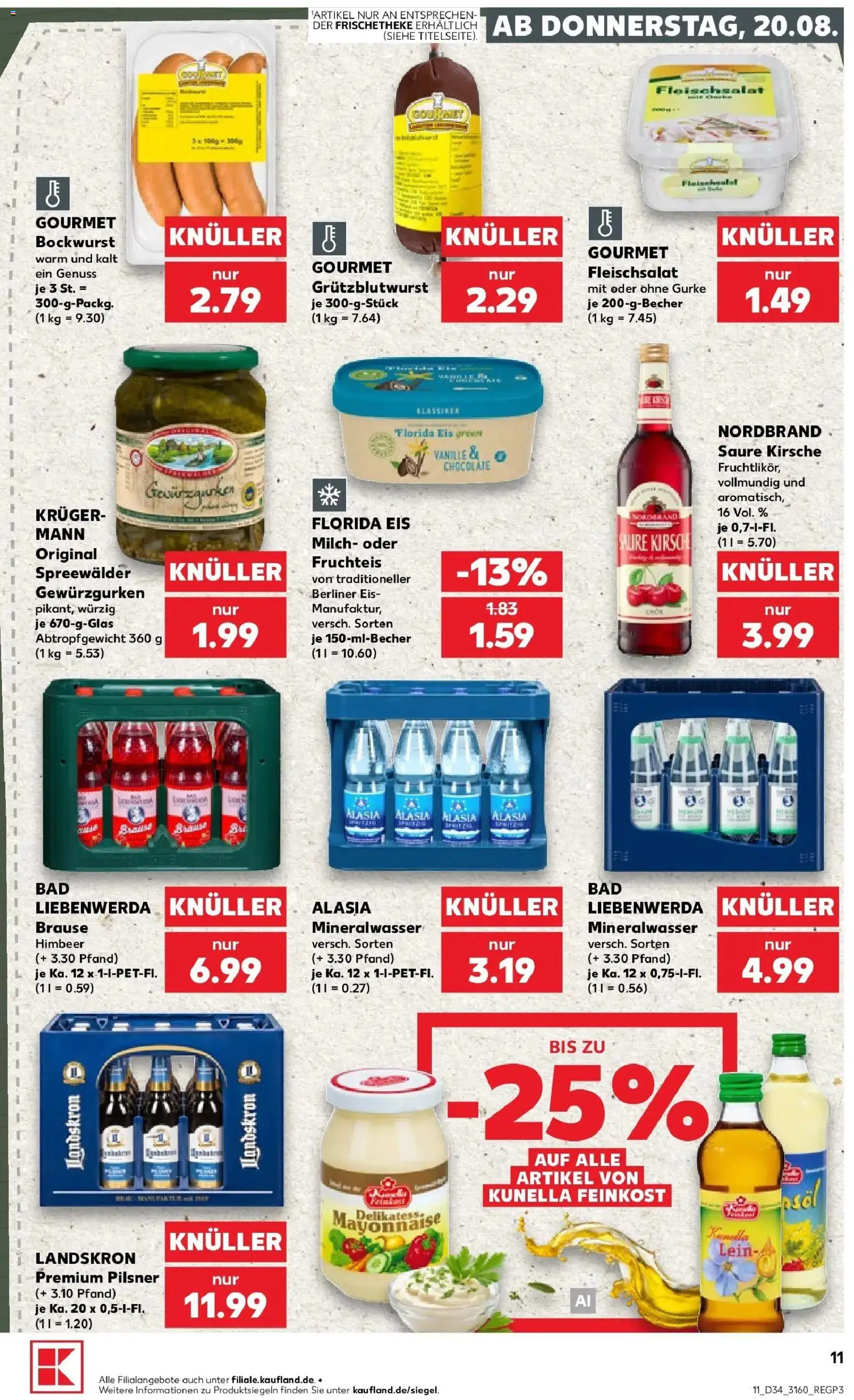 Prospekt Kaufland ab 20.08.2026 » Angebote Online zum Blättern | Seite: 11 | Produkte: Bockwurst, Mineralwasser, Vanille, Eis