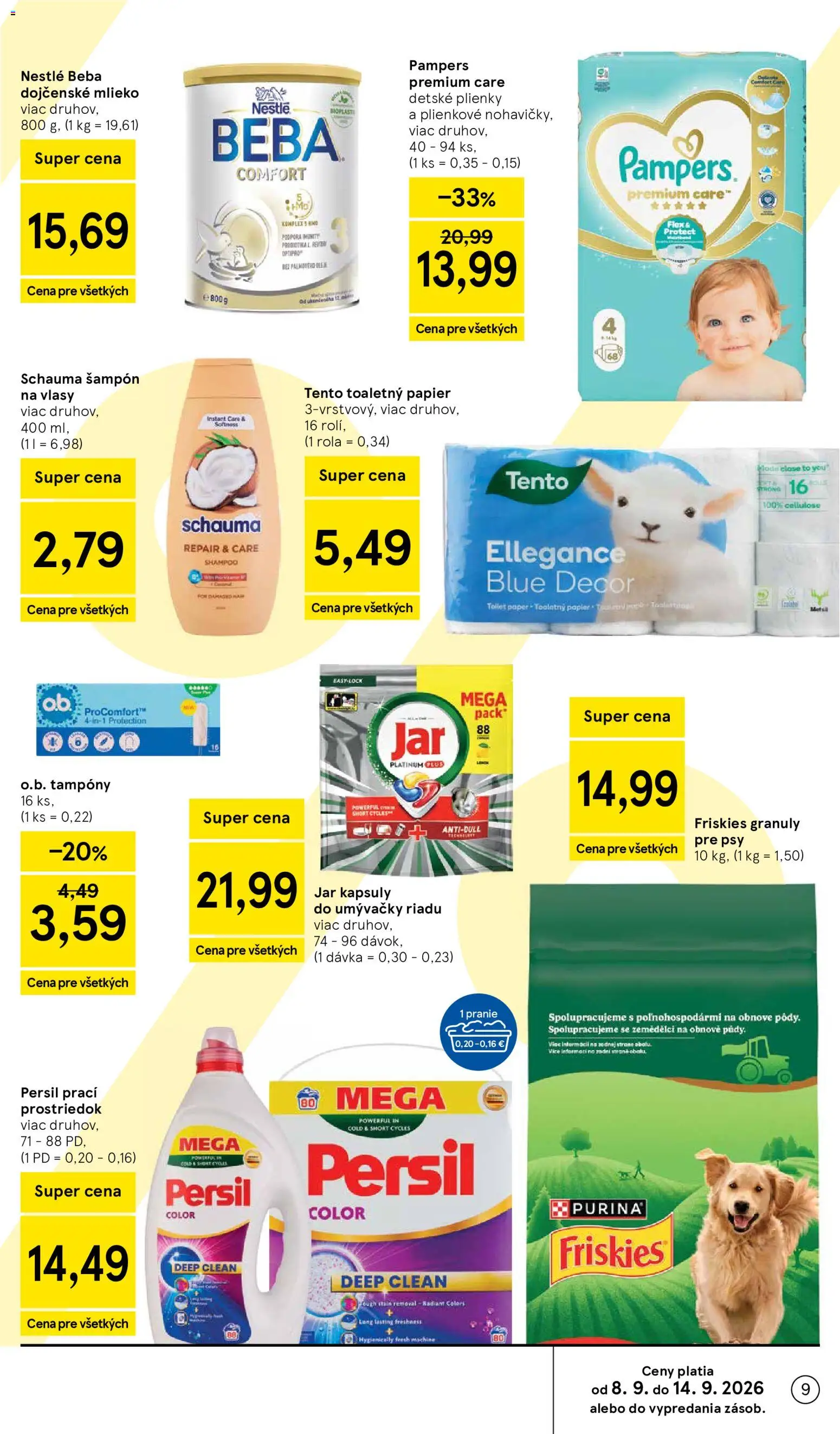 Nové Tesco akcie – leták je platný od 09.09.2026 | Strana: 9 | Produkty: Šampón, Toaletný papier, Kapsuly do umývačky riadu, Plienky