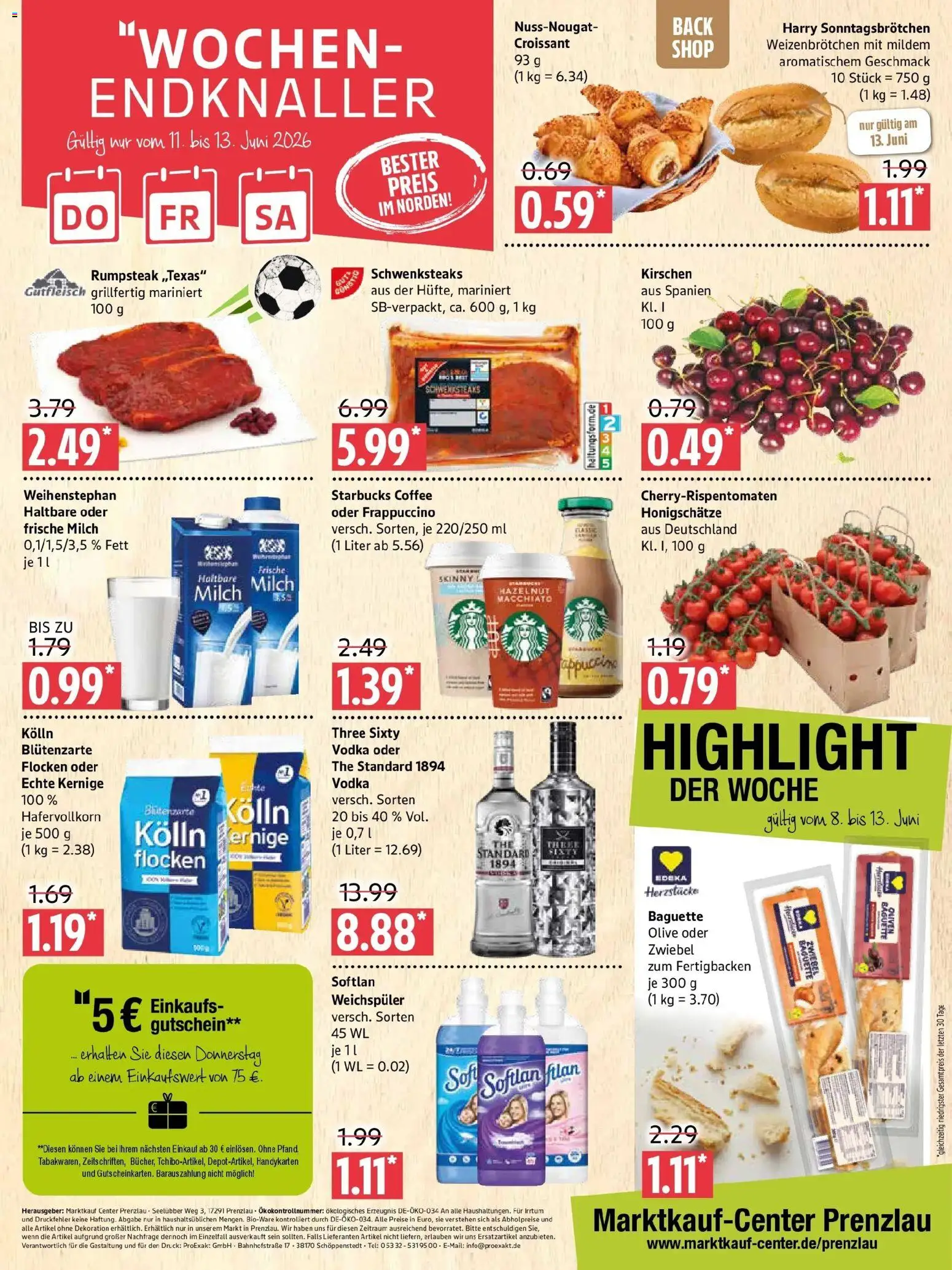 Marktkauf Prospekt Prenzlau – gültig ab 08.06.2026 | Seite: 12 | Produkte: Milch, Starbucks, Kirschen, Vodka
