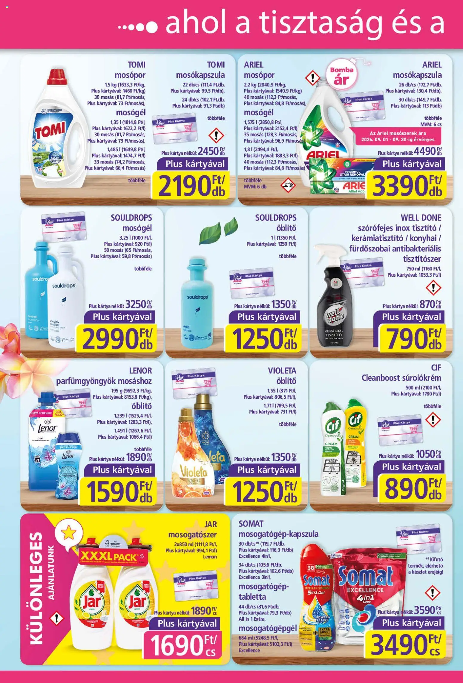 Plus Market akciós ujság - amely érvényes a következő dátumtól: 2026.09.17. | Oldal: 2 | Termékek: Ariel, Mosógél, Mosószerek, Tisztítószer