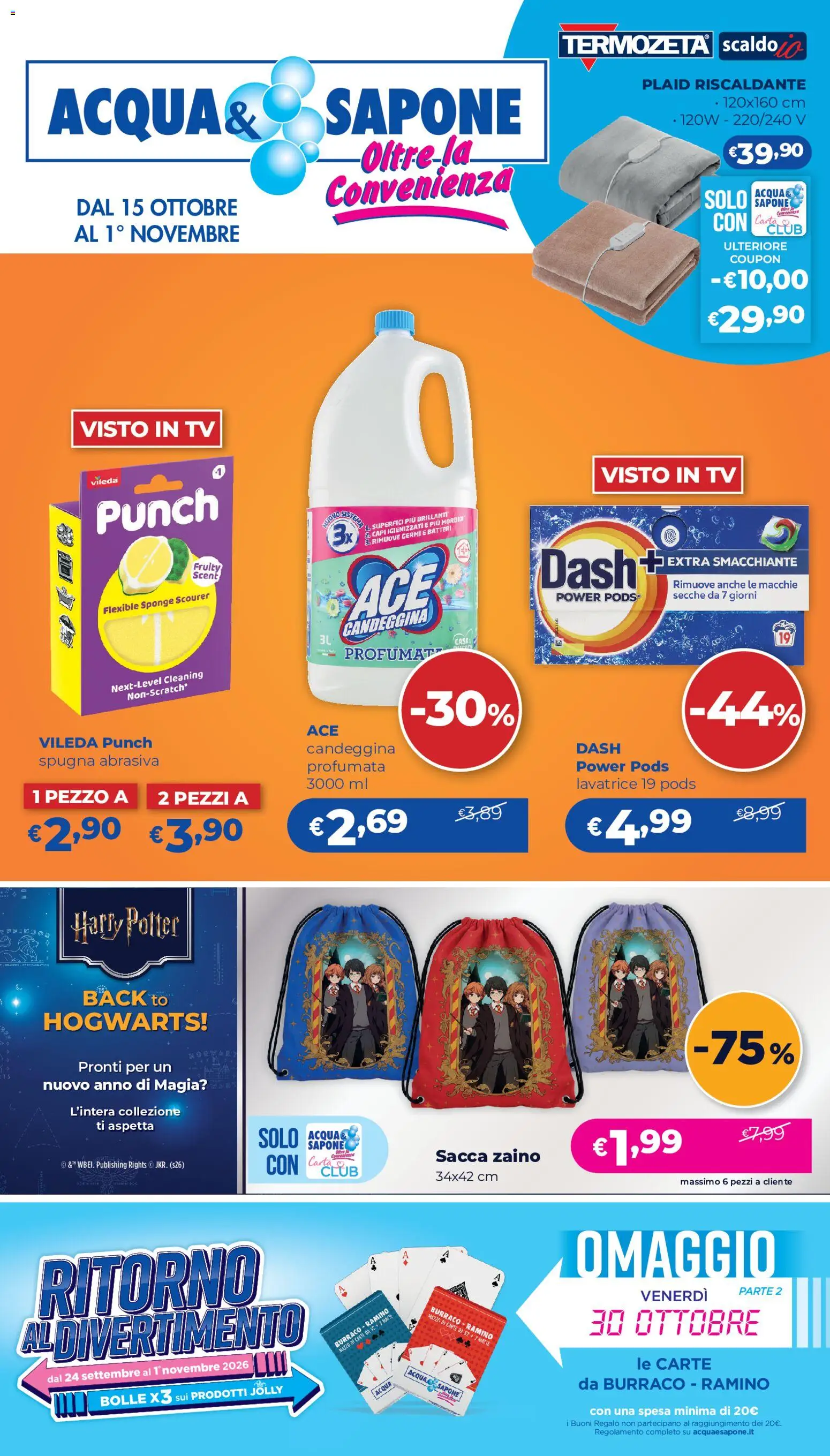 Volantino Acqua e Sapone del 15/10/2026 | Pagina: 1 | Prodotti: Sapone, Candeggina, Zaino, Lavatrice