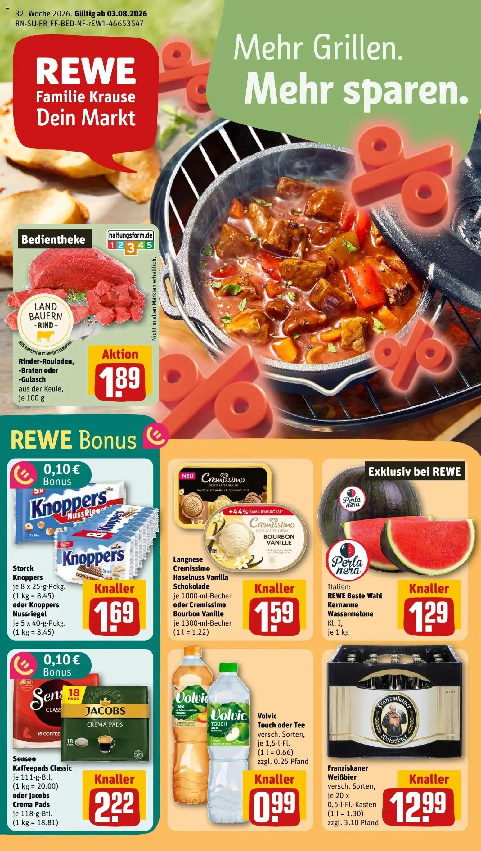REWE Prospekt ab 03.08.2026 zum Blättern » Angebote | Seite: 1 | Produkte: Langnese, Langnese cremissimo, Vanille, Bourbon