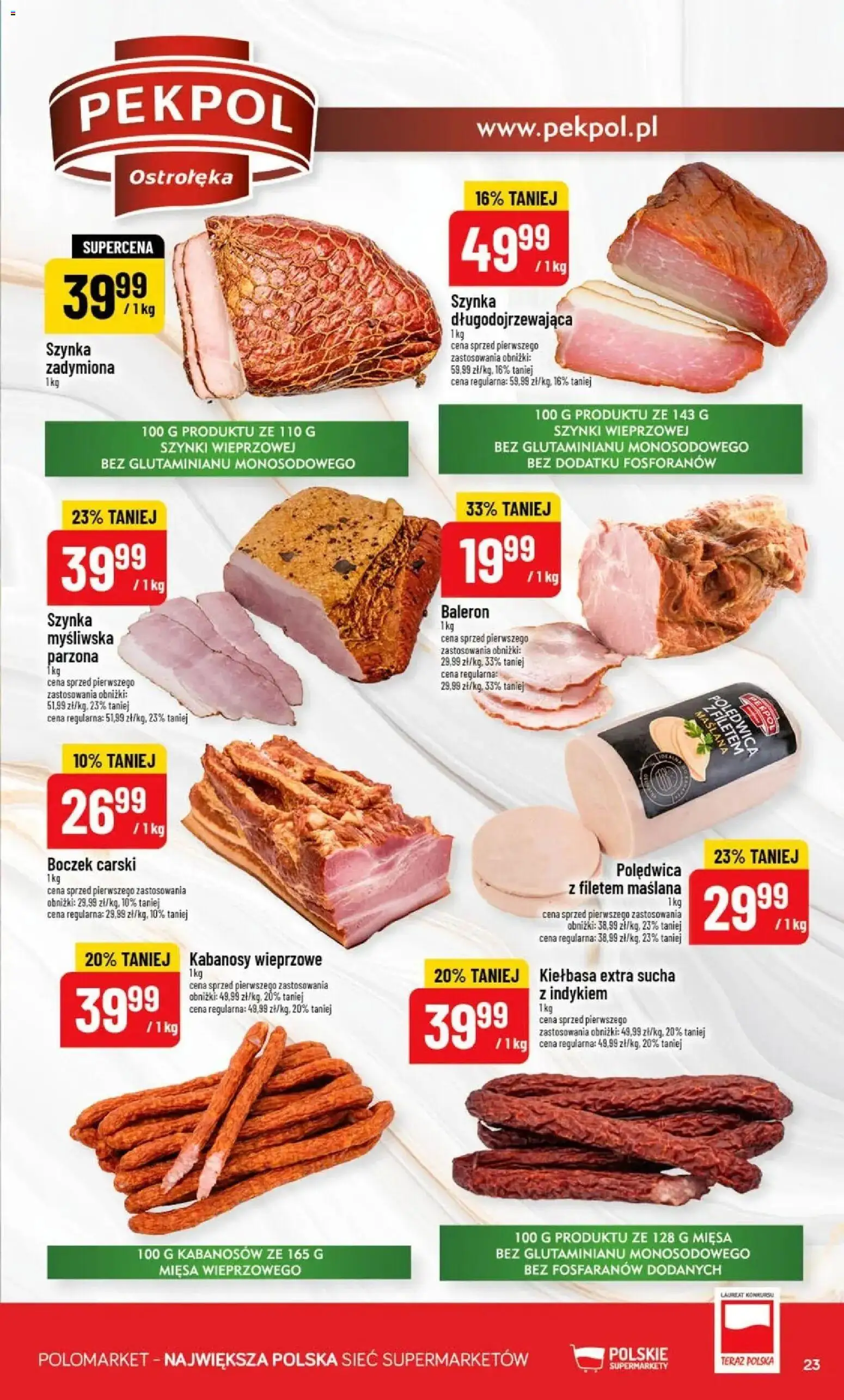 Nowa POLOmarket gazetka od jutra 07.10.2026 | Strona: 23 | Produkty: Kiełbasa, Kabanosy, Szynka, Boczek