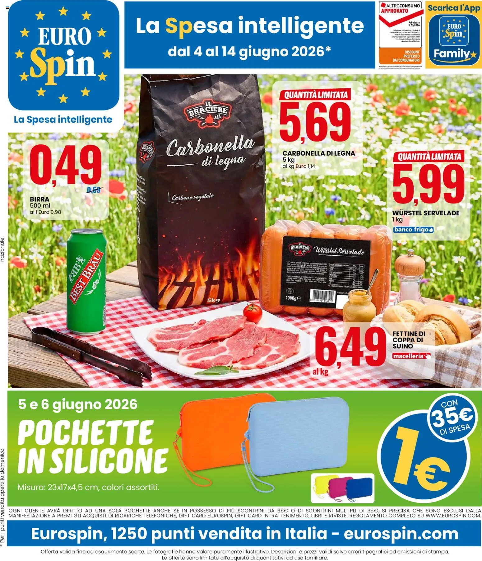 Volantino Eurospin del 04.06.2026 | Pagina: 1 | Prodotti: Birra, Suino, Wurstel, Silicone