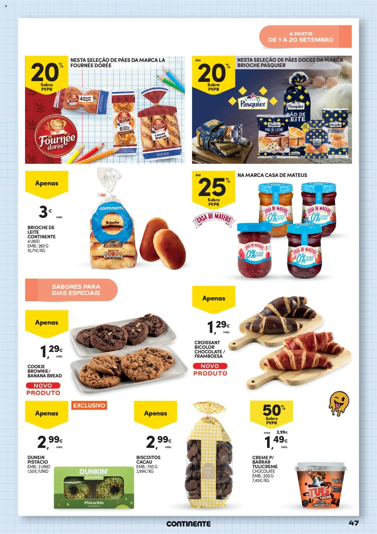 Continente Regresso às Aulas Na escola de toda a gente │ válido de 11/08/2026 | Página: 47 | Produtos: Brioche, Cacau, Pão, Biscoitos