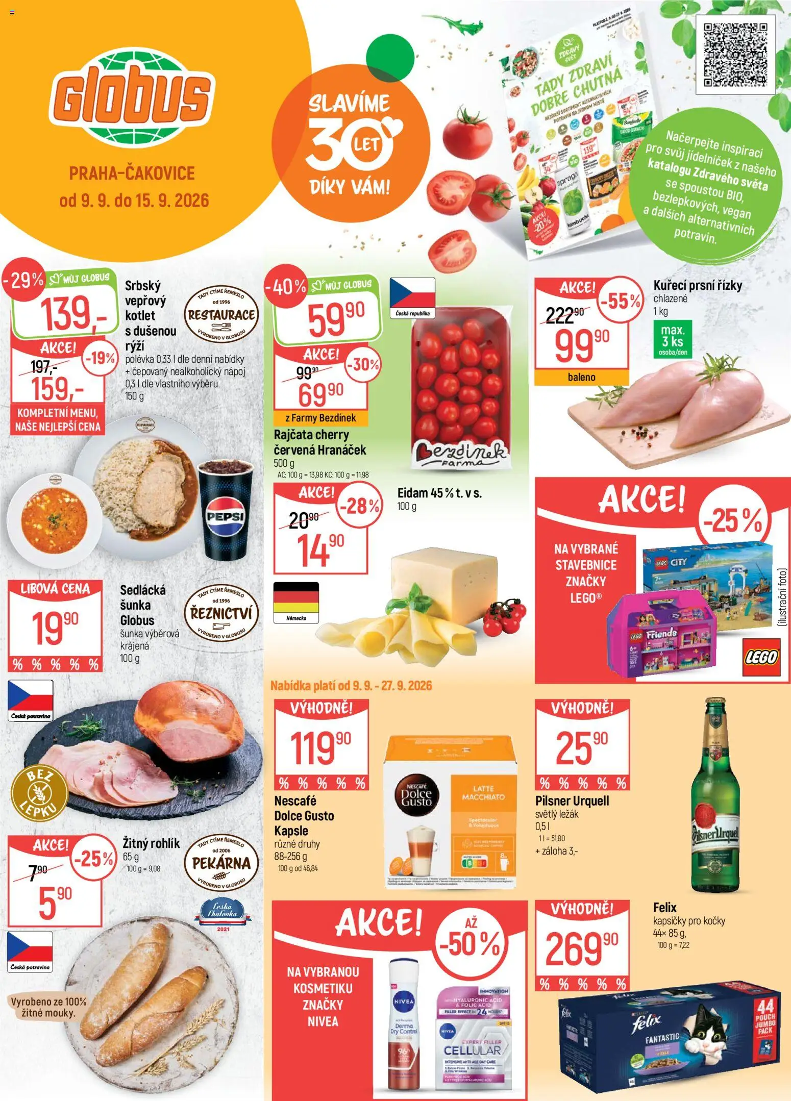 Globus leták od 09.09.2026 | Strana: 1 | Produkty: Kombucha, Řízky, Kuřecí prsní řízky, Nescafé