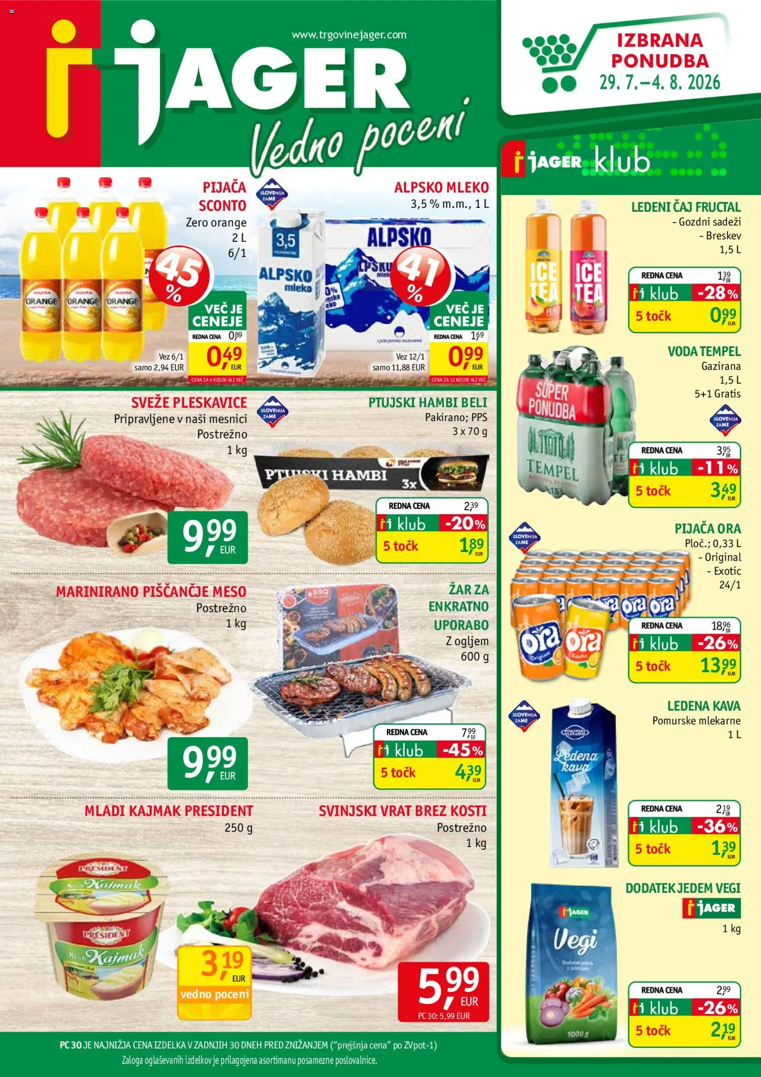 Novi Jager katalog ponudbe – veljaven od 29.07.2026 | Stran: 1 | Izdelki: Kajmak, Pleskavice, Ledeni čaj, Mleko