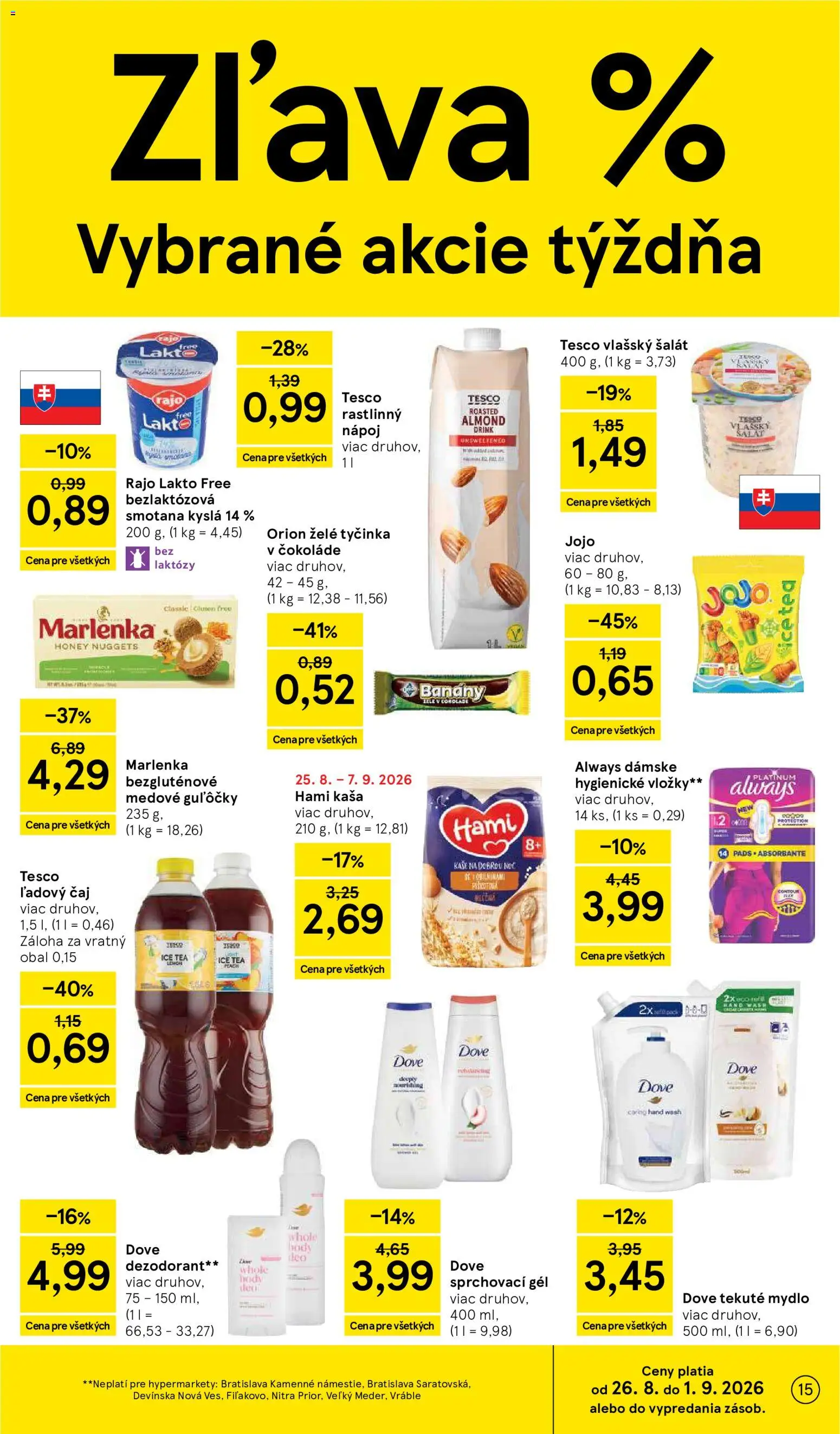 Nové Tesco akcie – leták je platný od 26.08.2026 | Strana: 15 | Produkty: Ice Tea, Dezodorant, Marlenka, Ľadový čaj