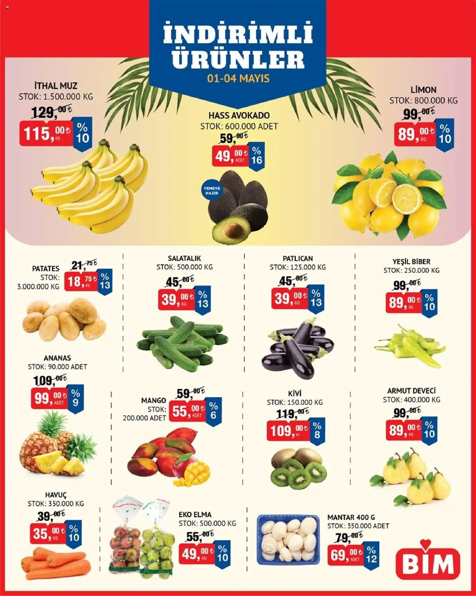BİM - Meyve-Sebze, İndirim - 01.05.2026 tarihinden itibaren geçerlidir | Sayfa: 1 | Ürünler: Elma, Kivi, Patates, Mango
