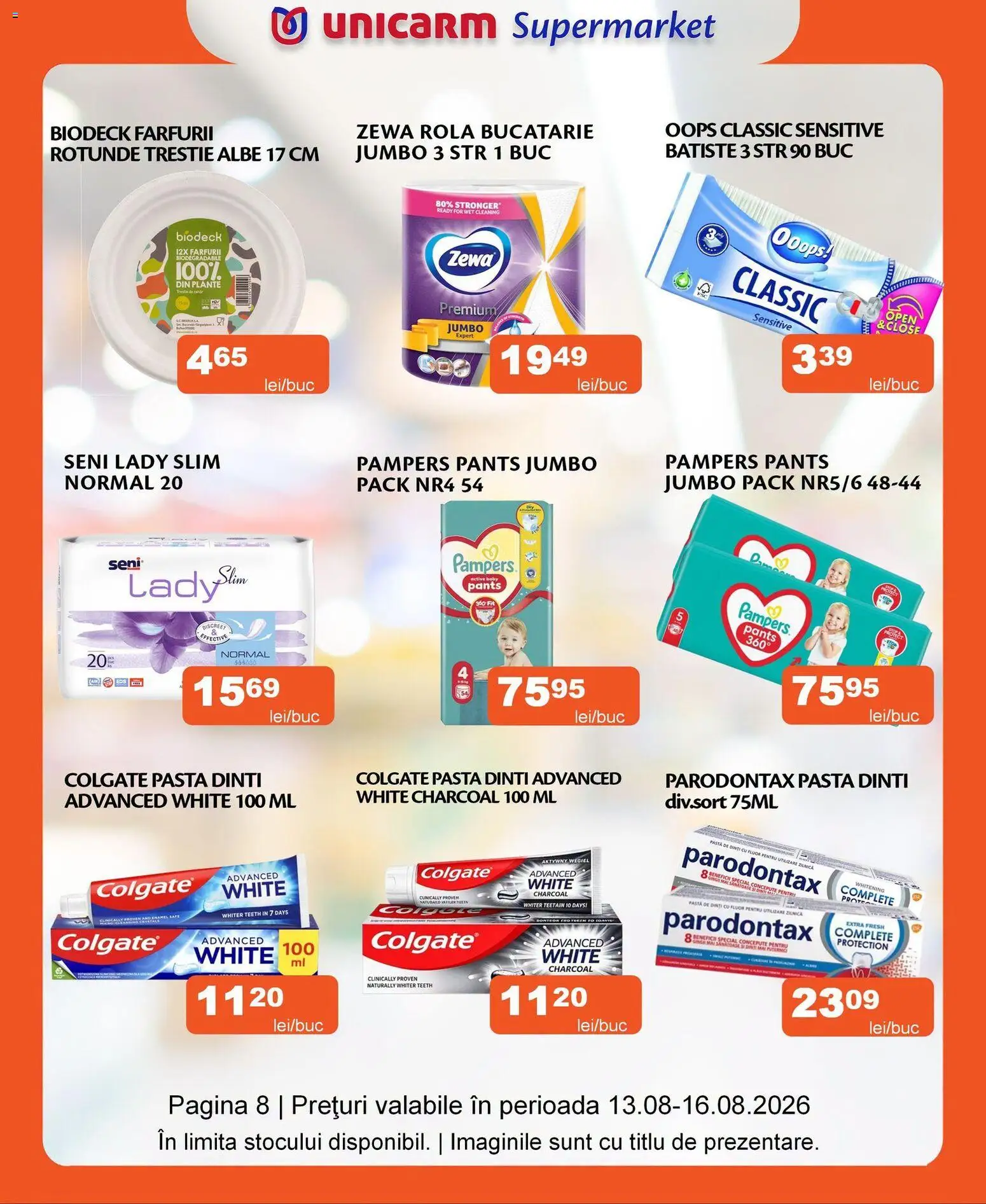 Noul catalog Unicarm – valabil de la 13.08.2026 | Pagină: 8 | Produse: Pampers, Active, Bucătărie, Pastă de dinți